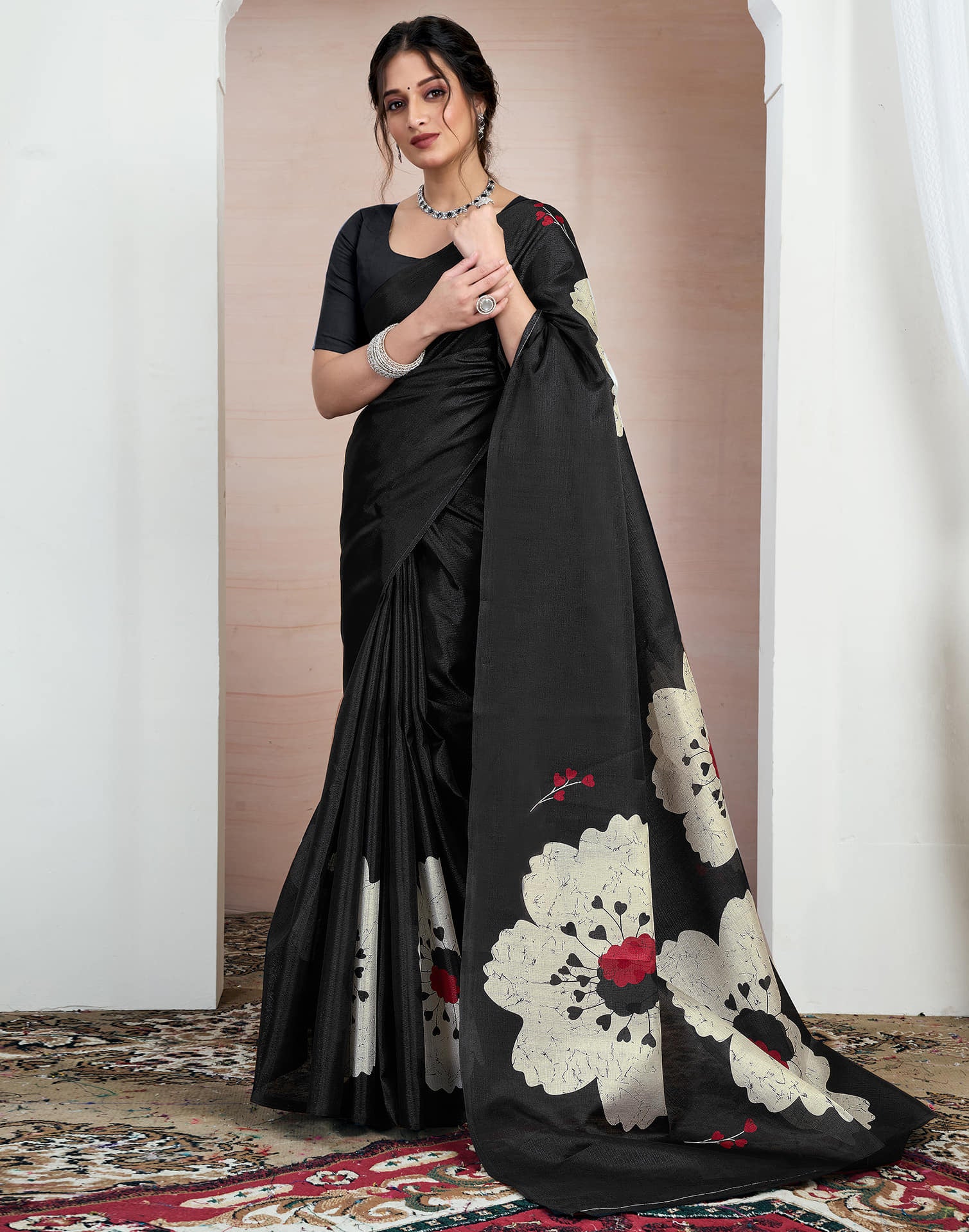 Black Bhagalpuri Silk Printed Saree - Image 5