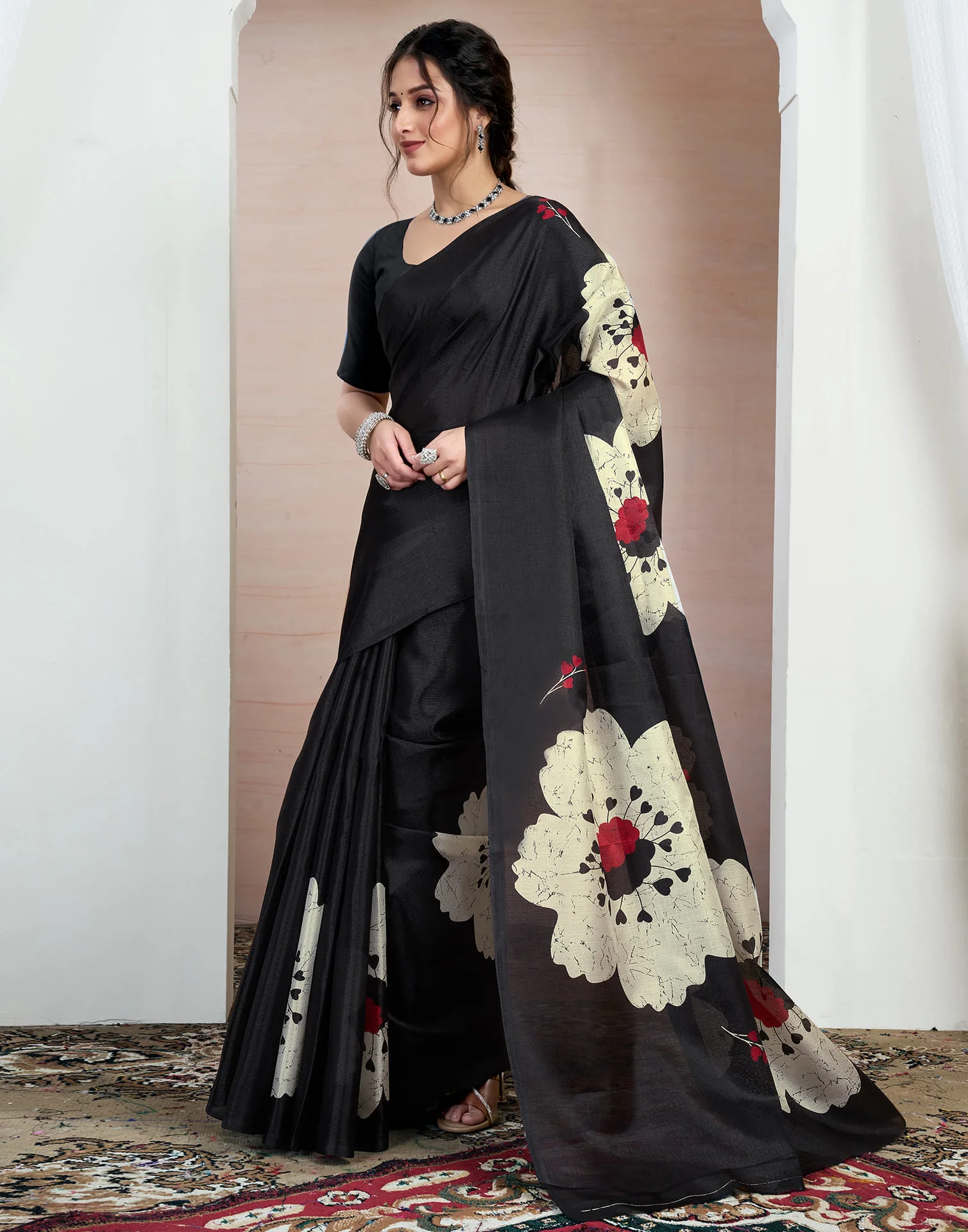 Black Bhagalpuri Silk Printed Saree - Image 6