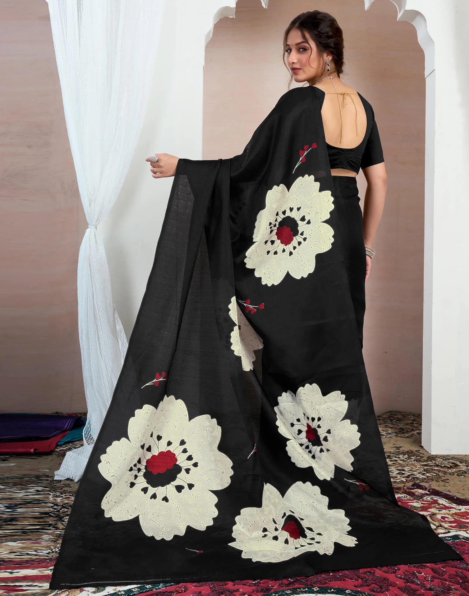 Black Bhagalpuri Silk Printed Saree - Image 7
