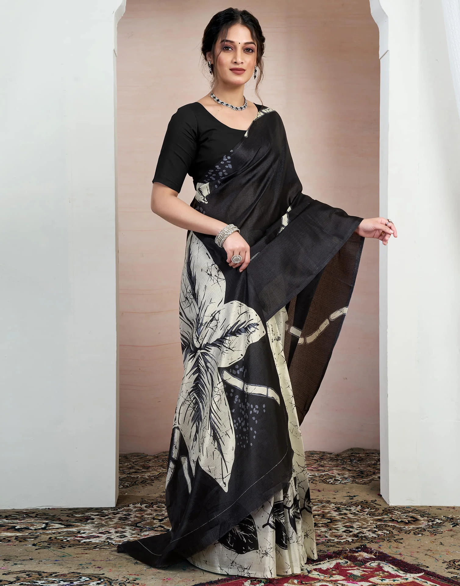 Black Bhagalpuri Silk Printed Saree - Image 5