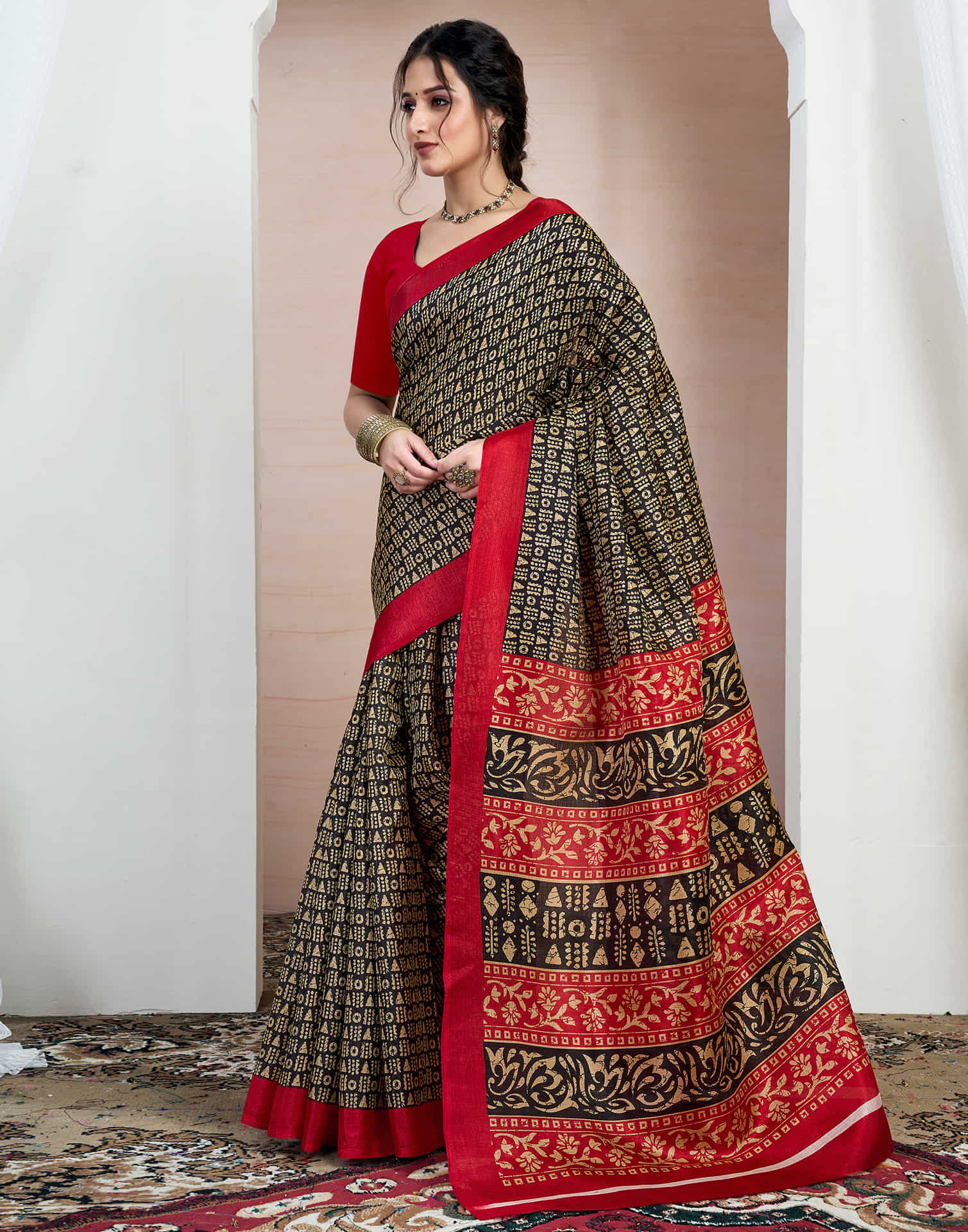 Black Bhagalpuri Silk Printed Saree - Image 5
