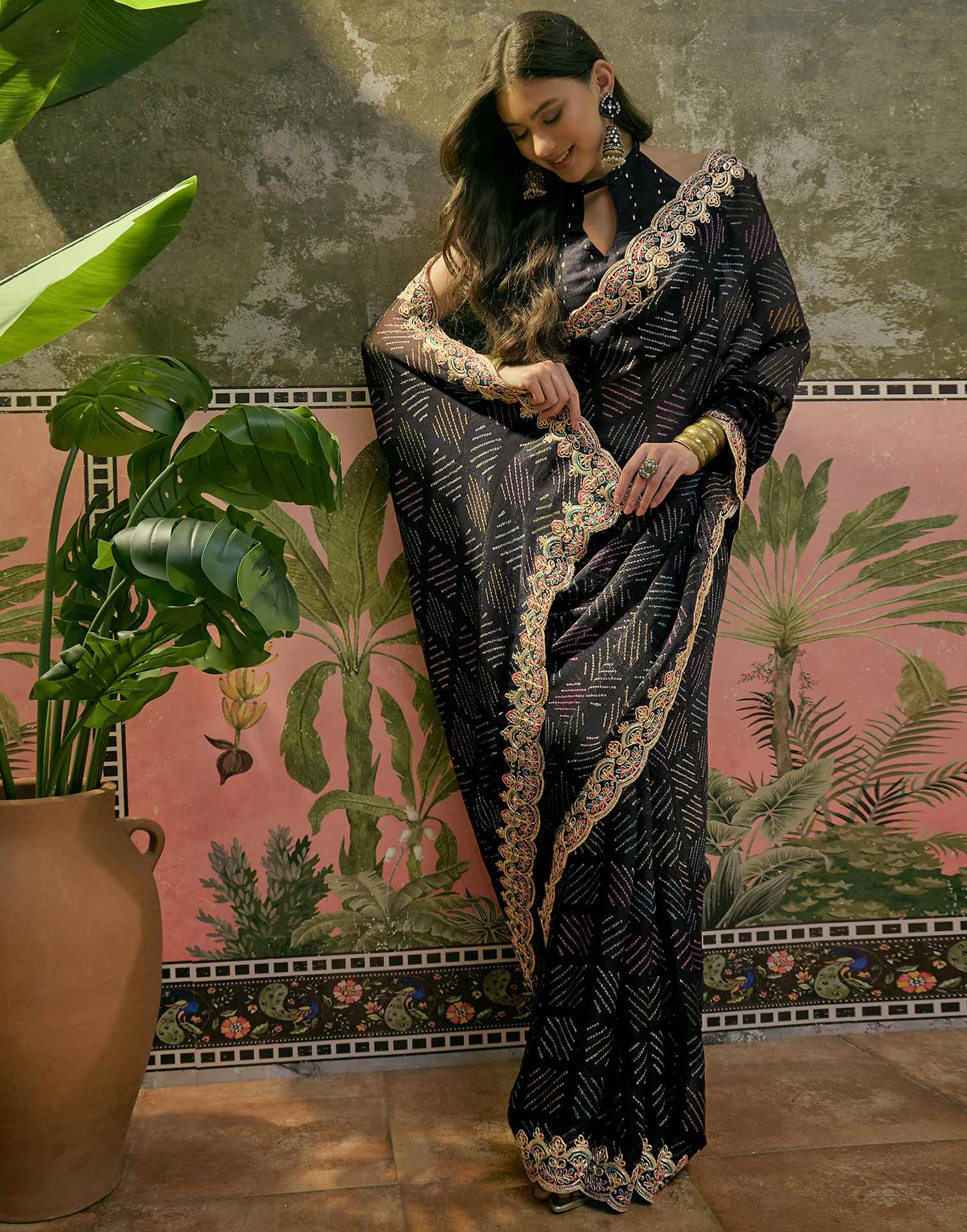 Black Chiffon Bandhani Printed Embroidery Saree - Image 5