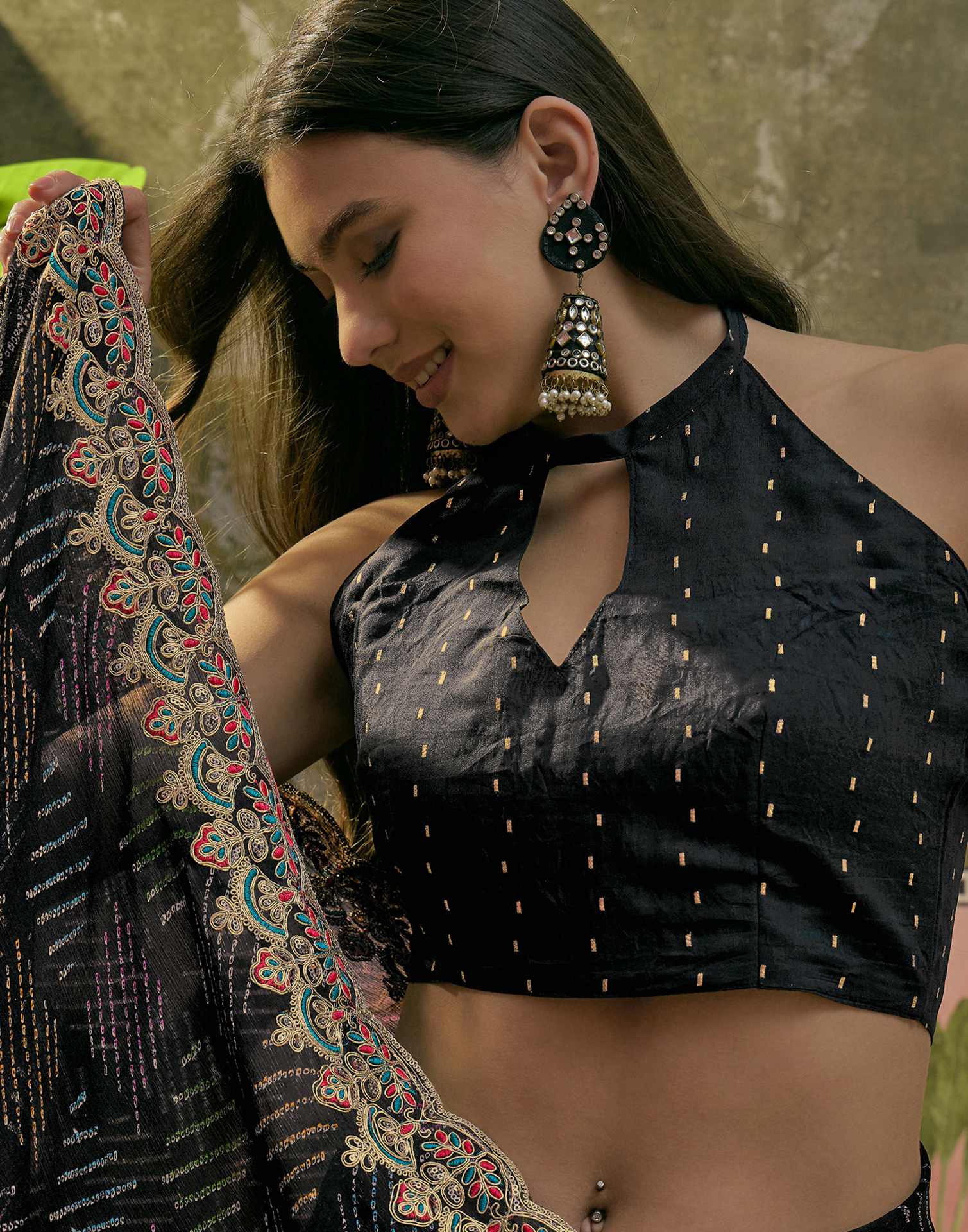 Black Chiffon Bandhani Printed Embroidery Saree - Image 8