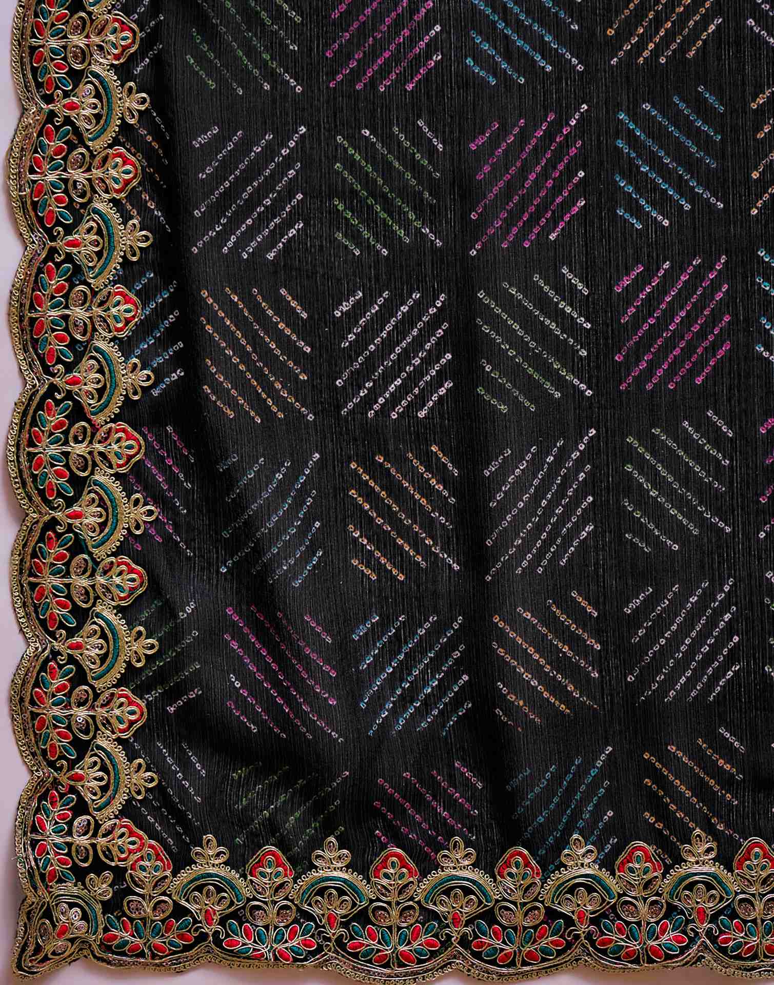 Black Chiffon Bandhani Printed Embroidery Saree - Image 9