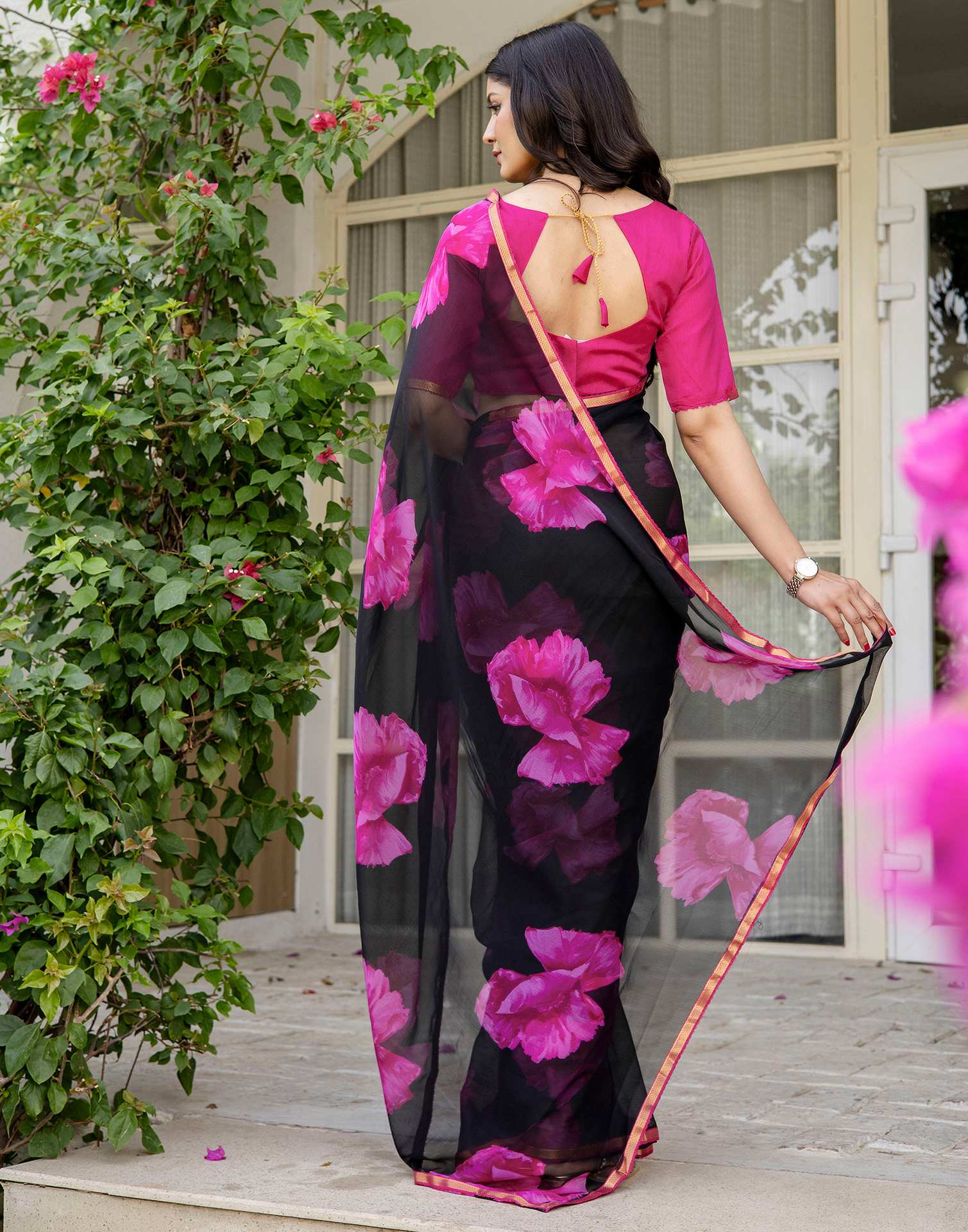 Black Chiffon Floral Printed Saree - Image 7