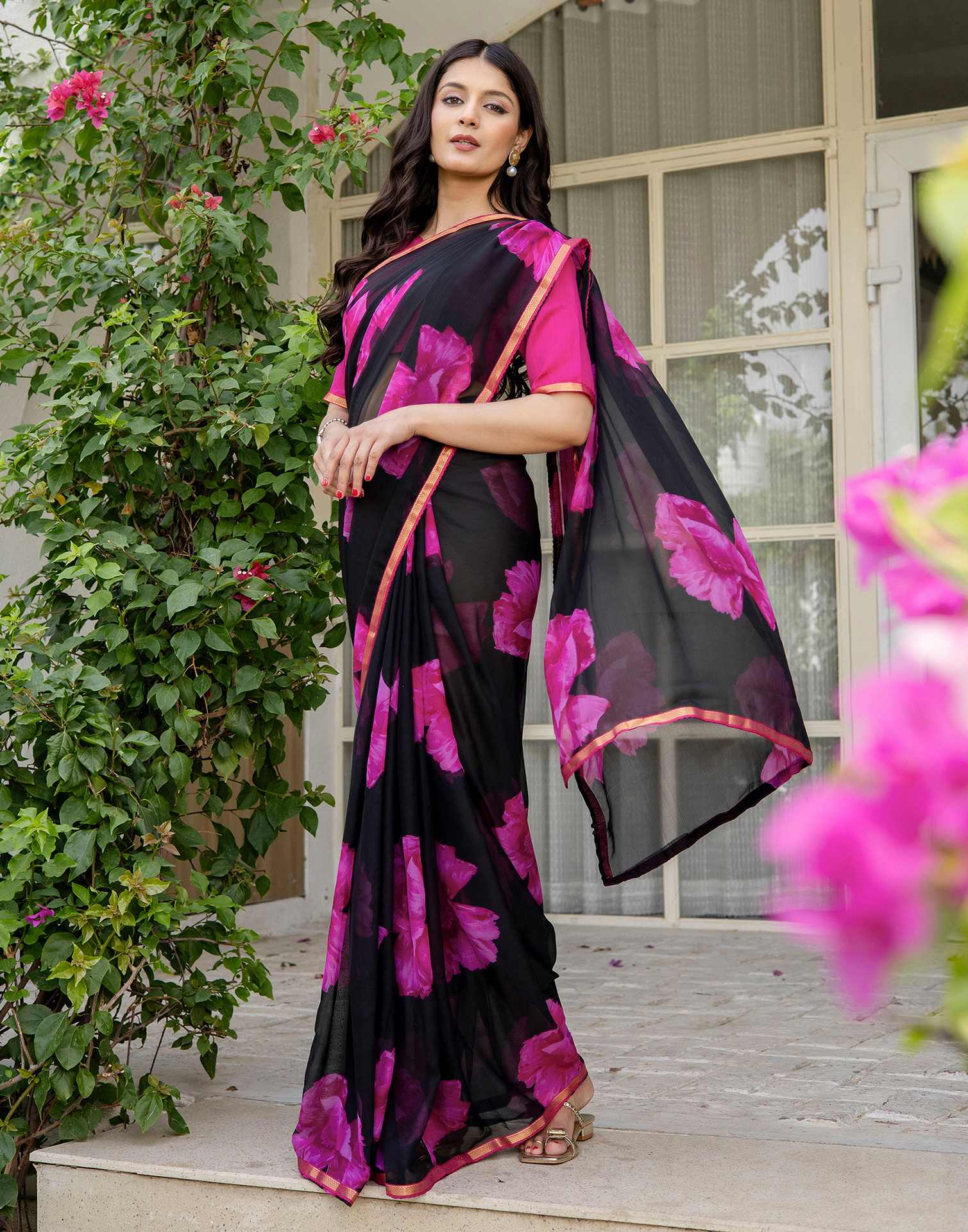 Black Chiffon Floral Printed Saree - Image 8