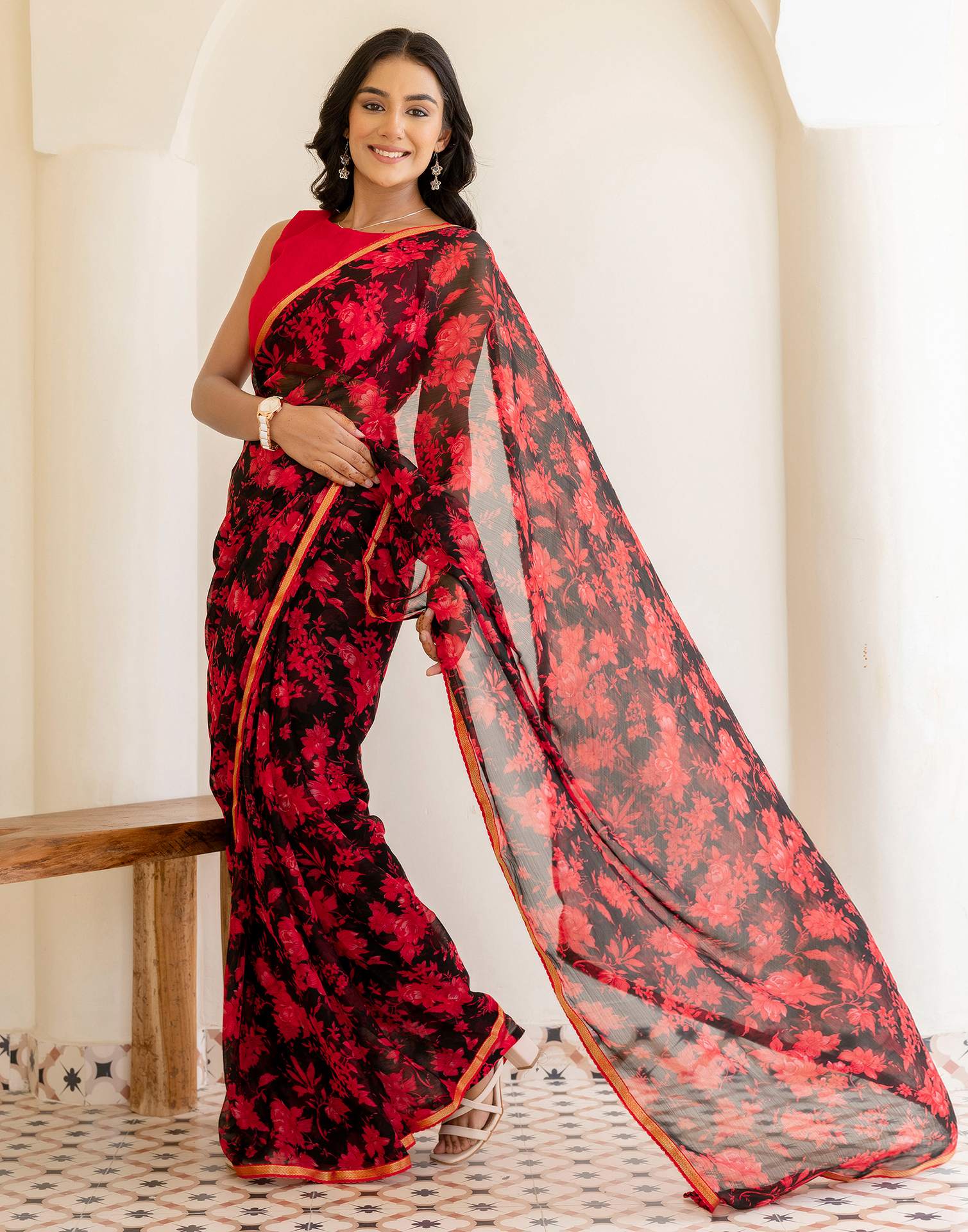Black Chiffon Floral Printed Saree - Image 4