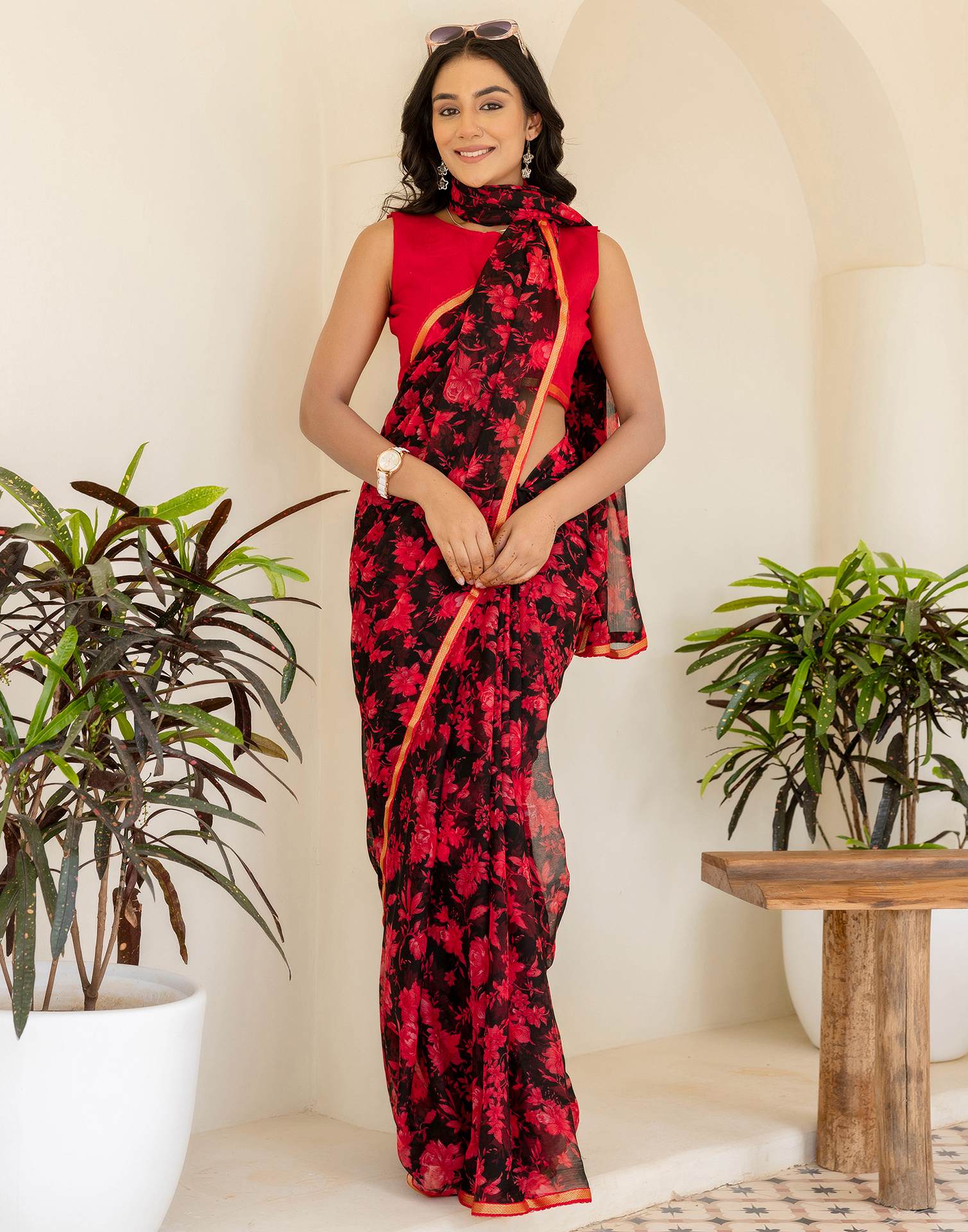 Black Chiffon Floral Printed Saree - Image 5