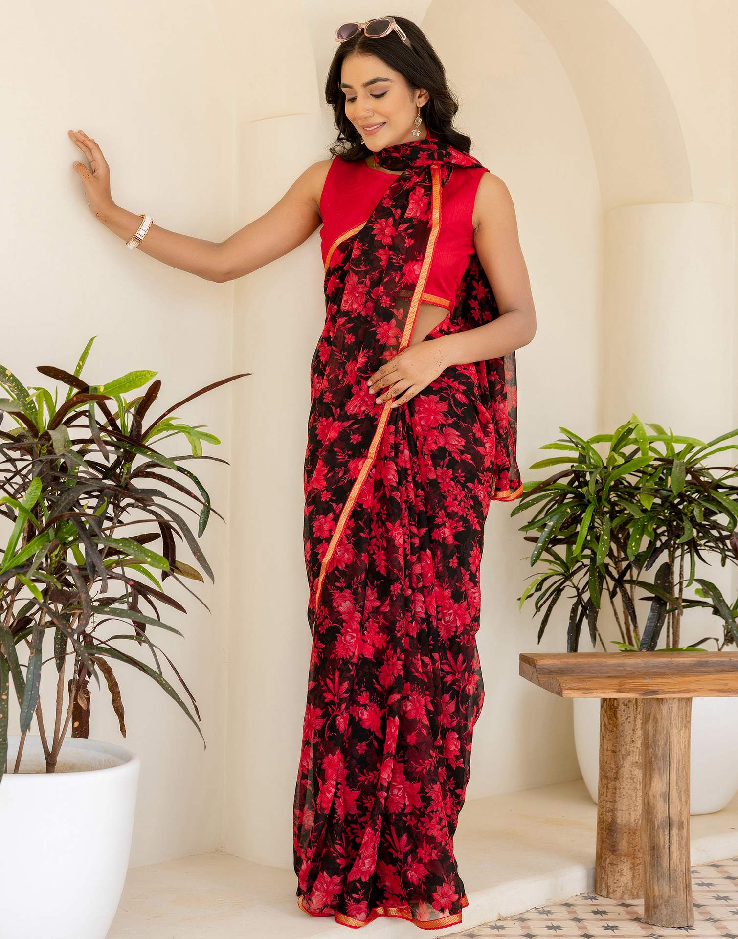 Black Chiffon Floral Printed Saree - Image 8