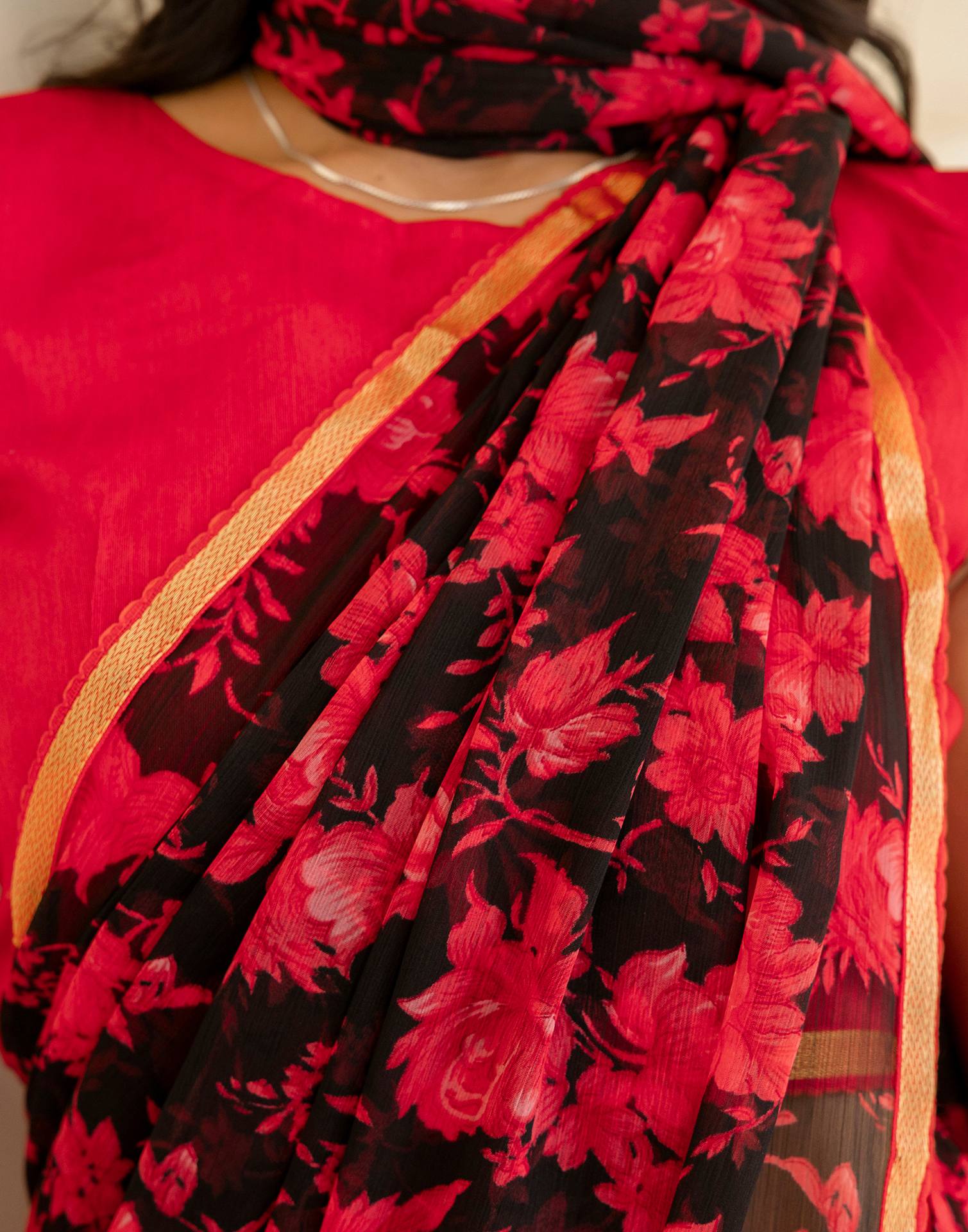 Black Chiffon Floral Printed Saree - Image 9