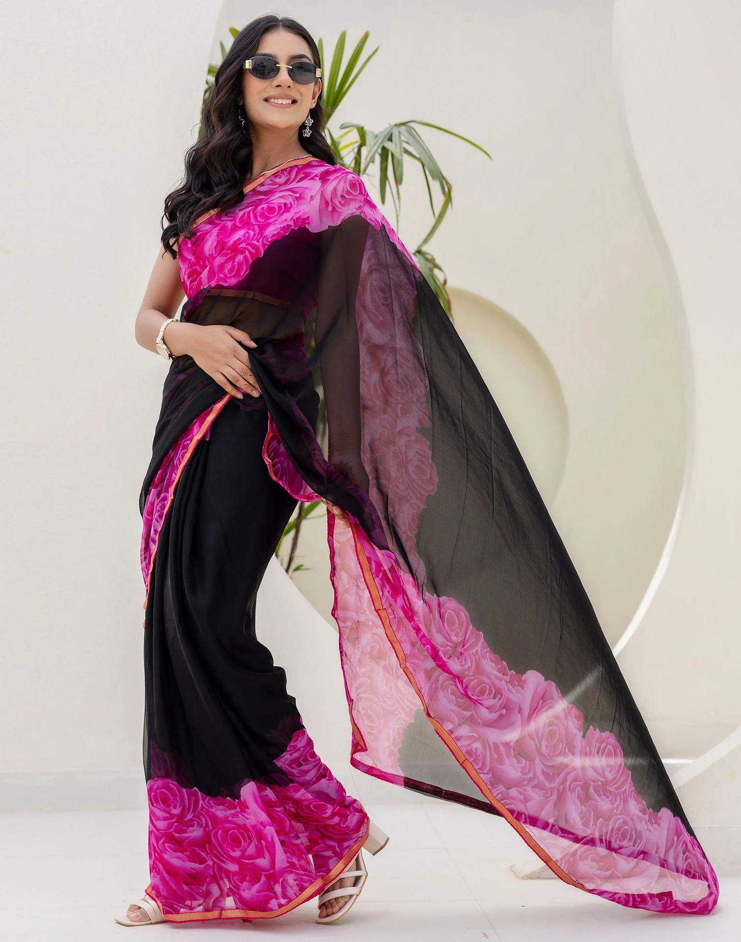 Black Chiffon Floral Printed Saree - Image 4
