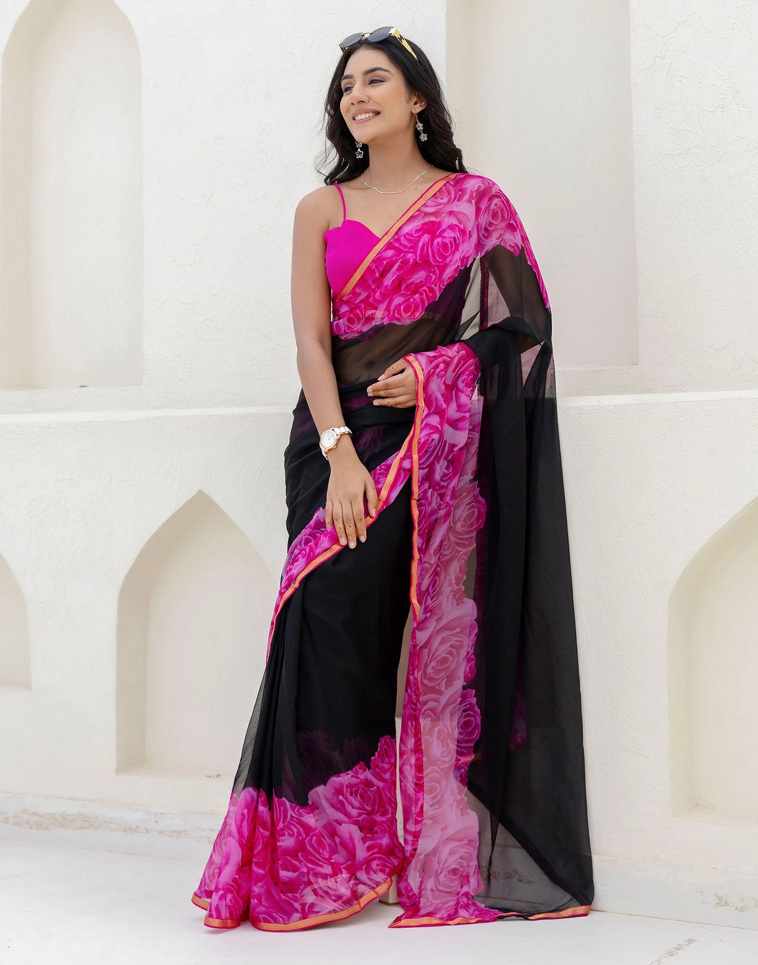 Black Chiffon Floral Printed Saree - Image 5