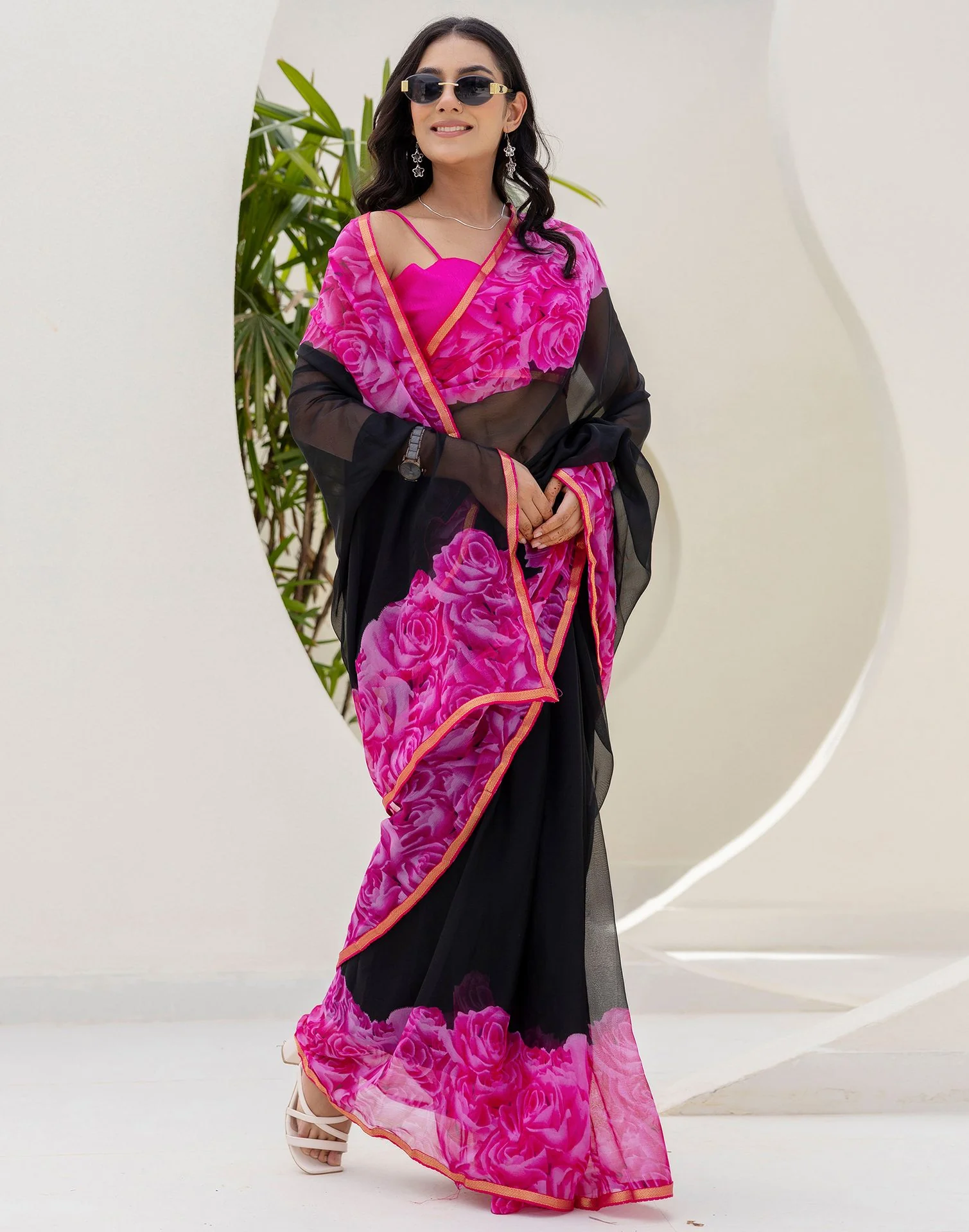 Black Chiffon Floral Printed Saree - Image 6
