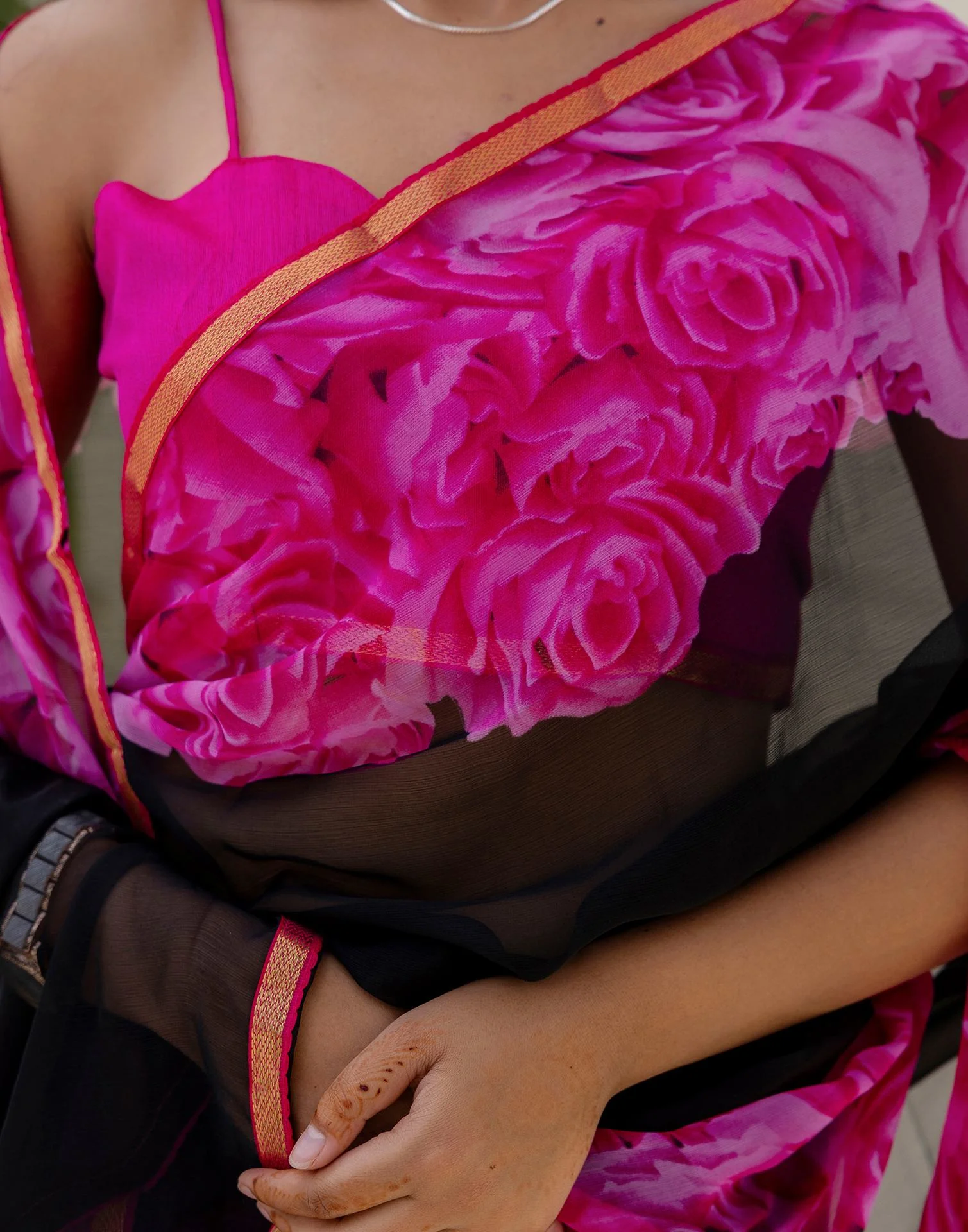 Black Chiffon Floral Printed Saree - Image 9
