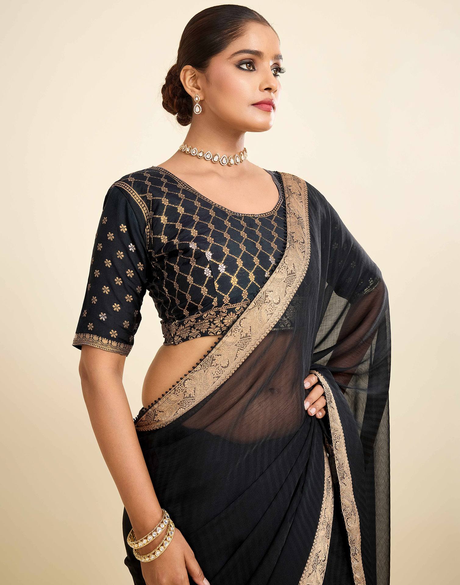 Black Chiffon Lace Saree - Image 2