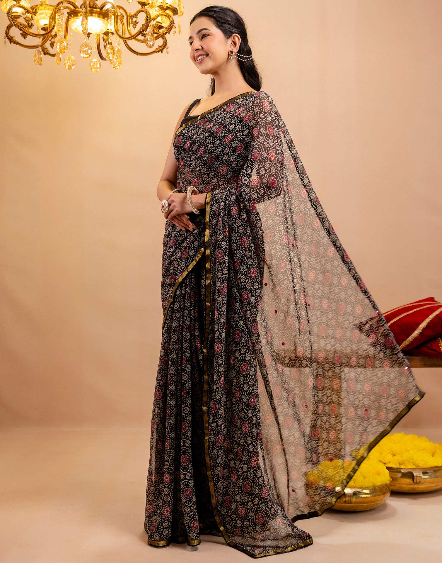 Black Chiffon Printed Saree - Image 5