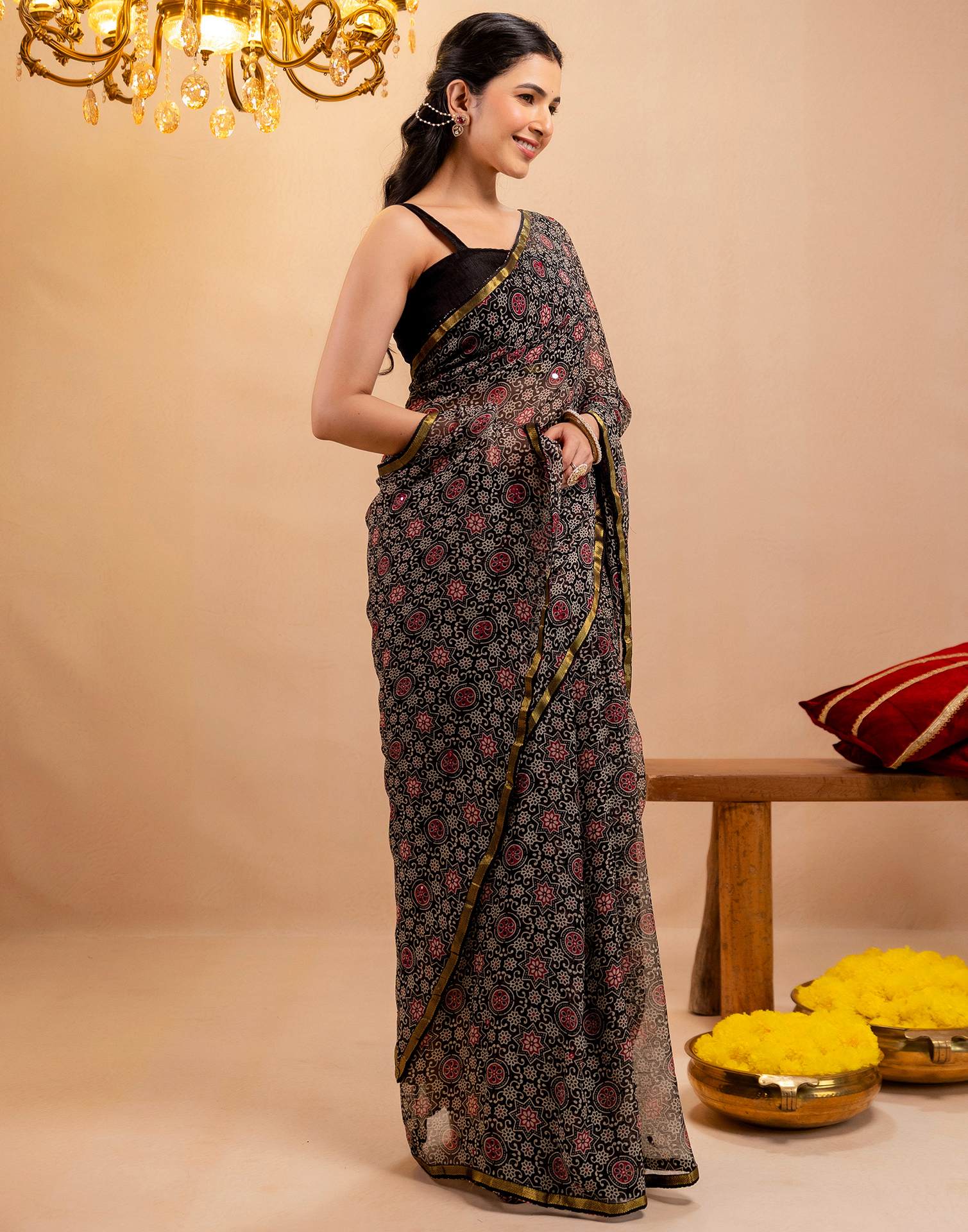 Black Chiffon Printed Saree - Image 6