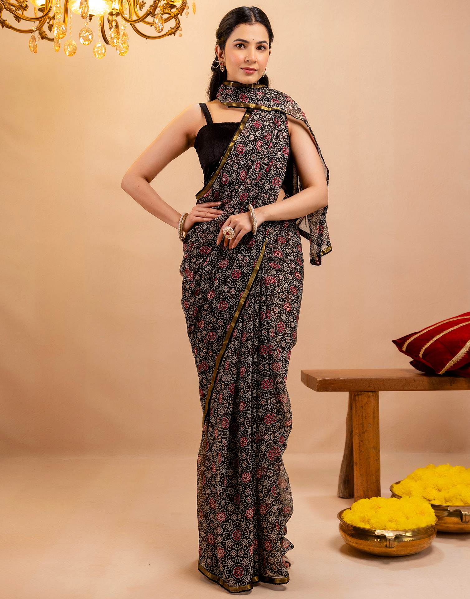 Black Chiffon Printed Saree - Image 8