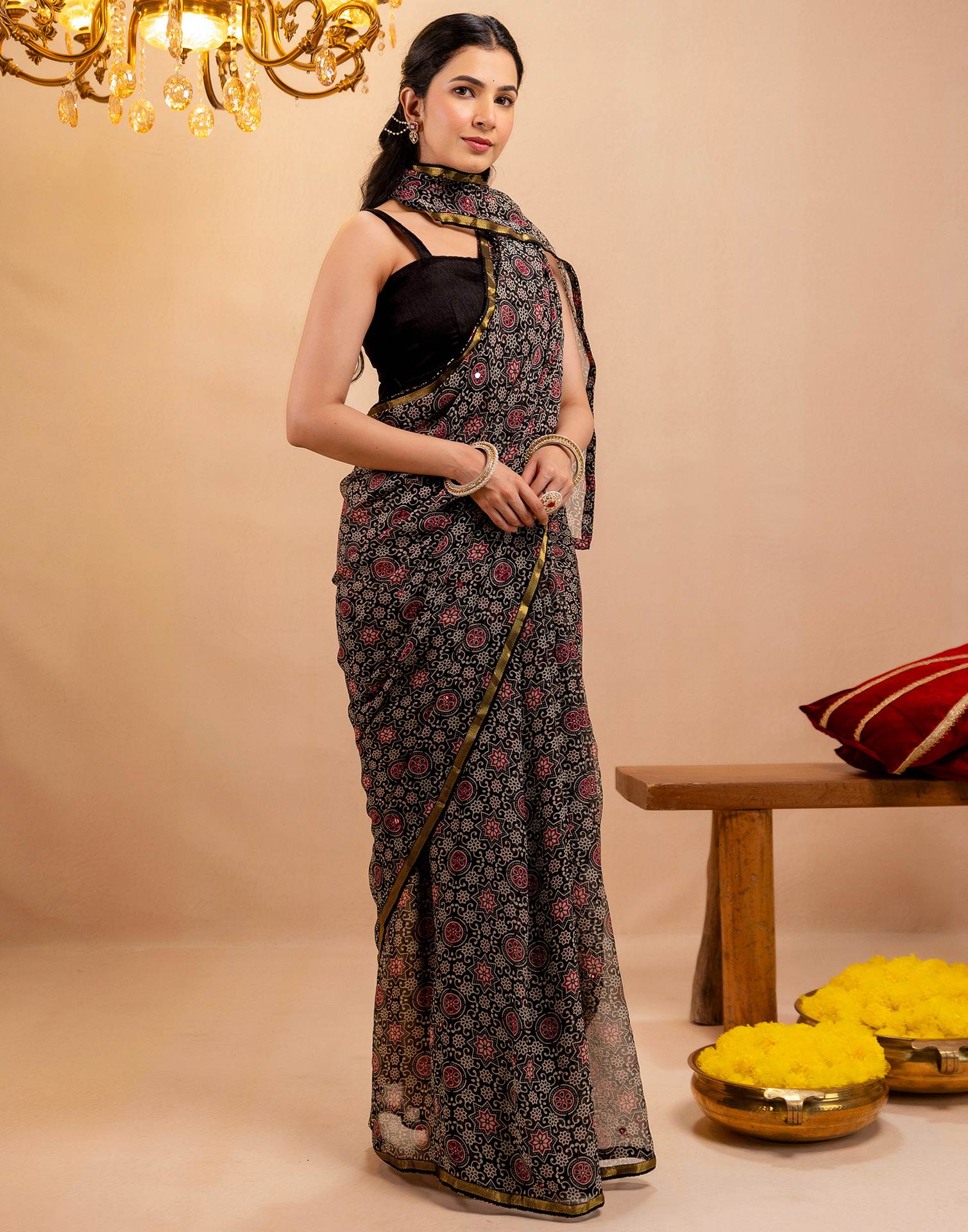Black Chiffon Printed Saree - Image 9
