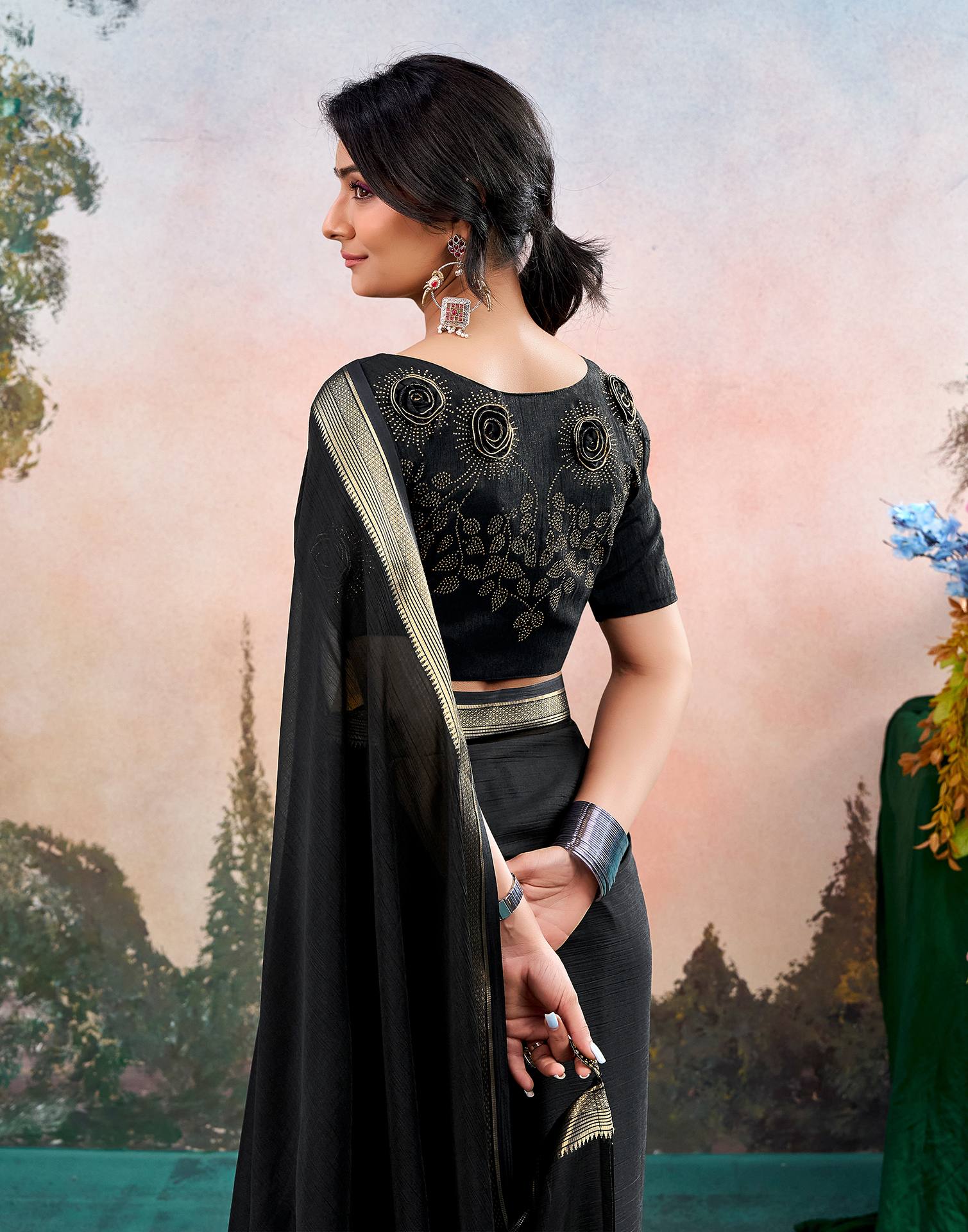 Black Chiffon Woven Border Saree - Image 5