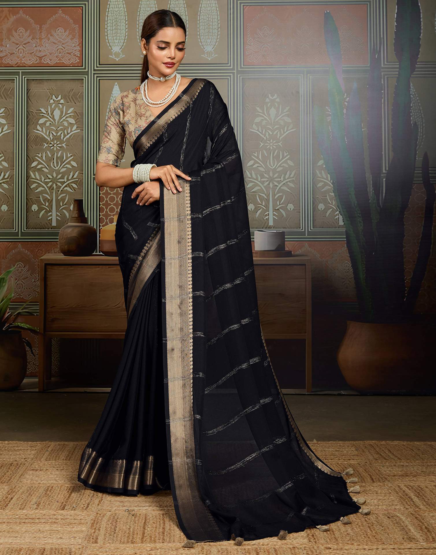 Black Chiffon Woven Zari Stripe Saree