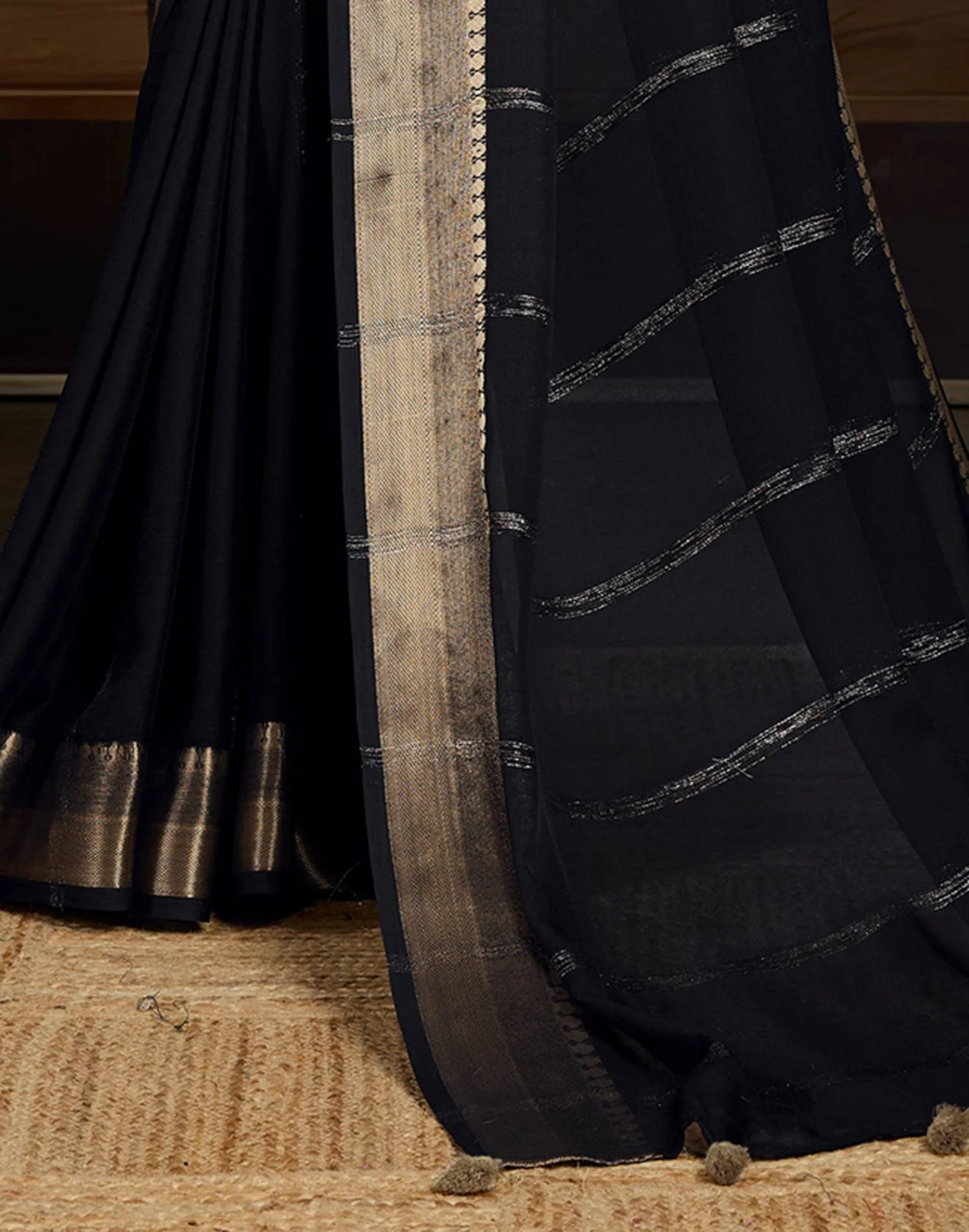 Black Chiffon Woven Zari Stripe Saree - Image 4
