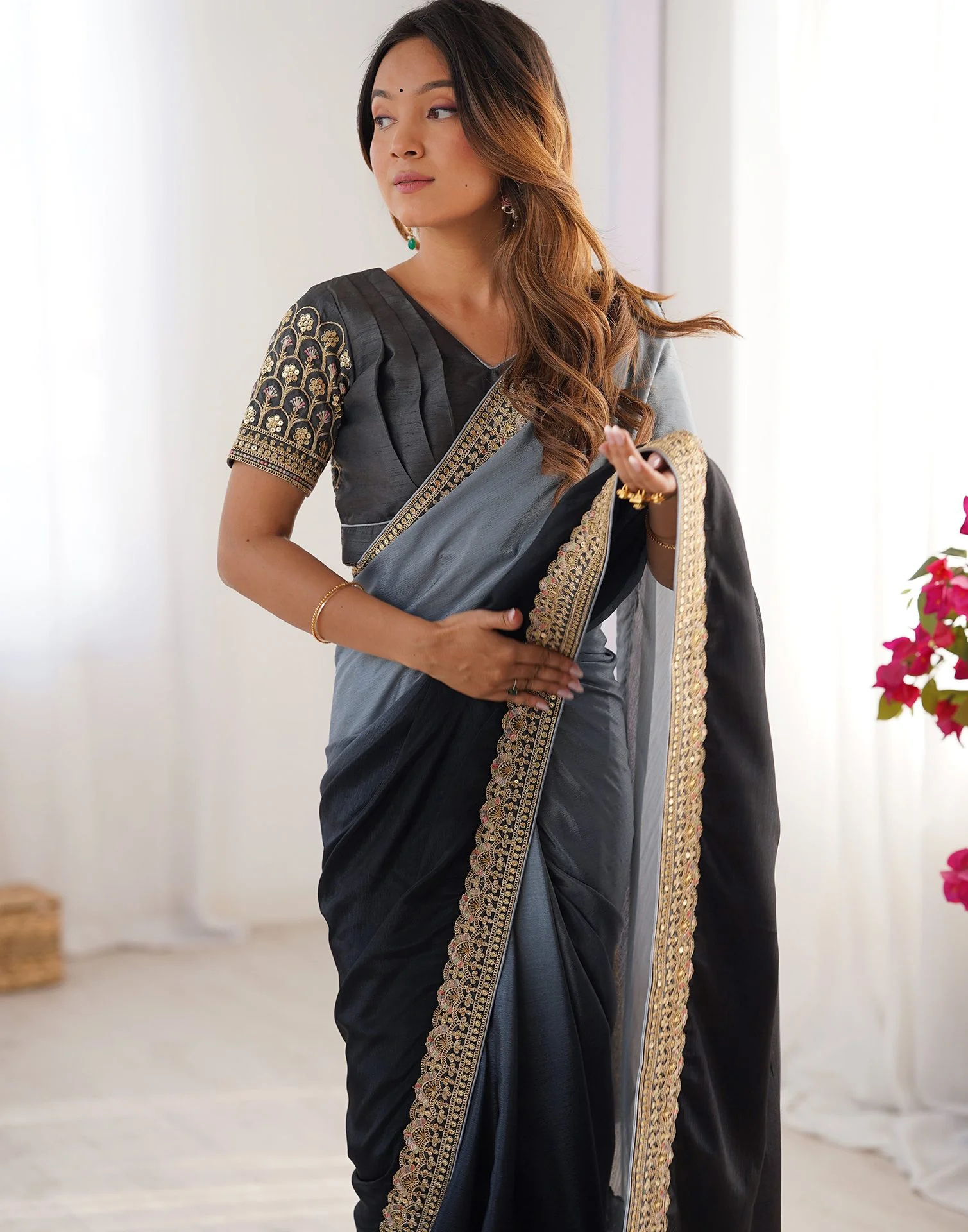 Black Chinnon Sequence Lace Saree - Image 2