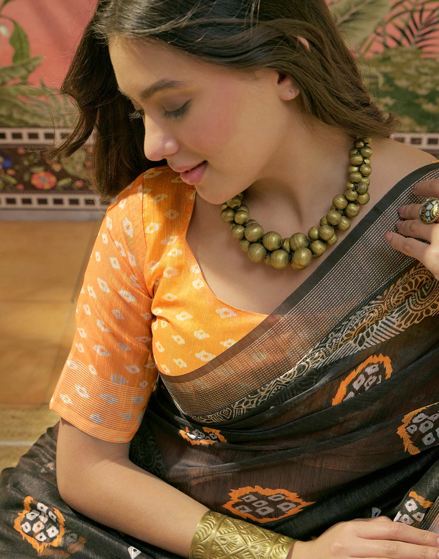 Black Cotton Linen Bandhani Printed Saree - Image 4