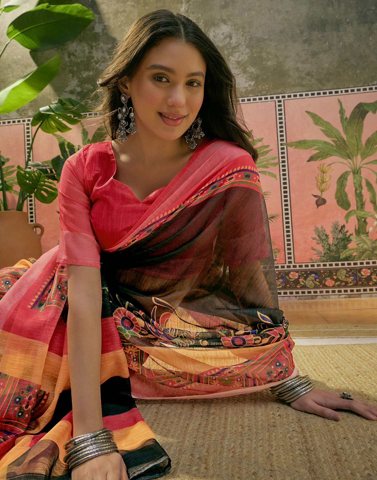 Black Cotton Linen Printed Saree - Image 2