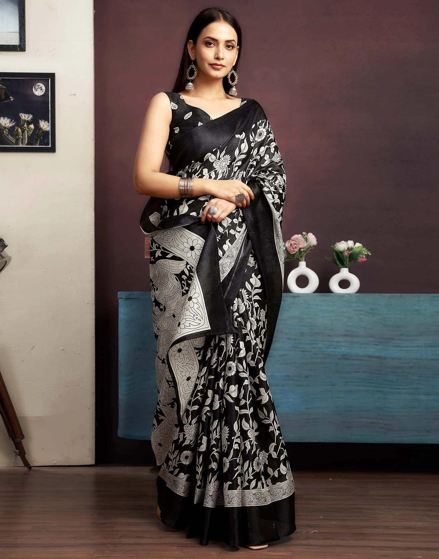 Black Cotton Blend Printed Saree - Image 6
