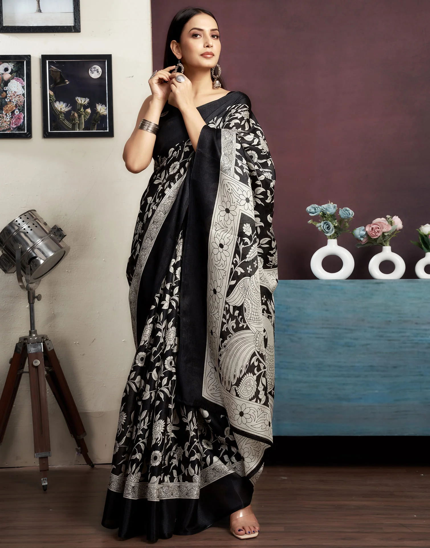 Black Cotton Blend Printed Saree - Image 8