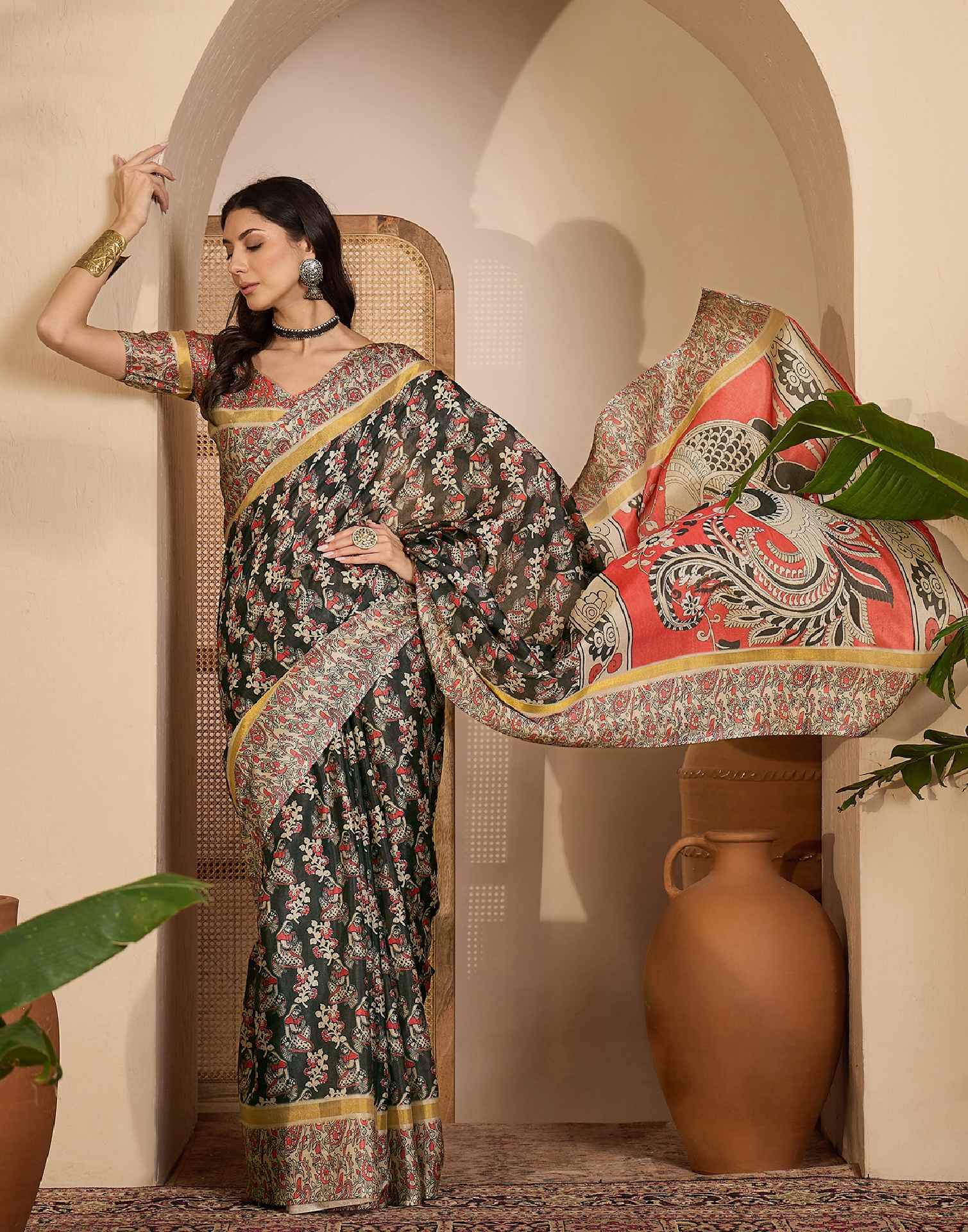 Black Cotton Silk Printed Saree - Image 6