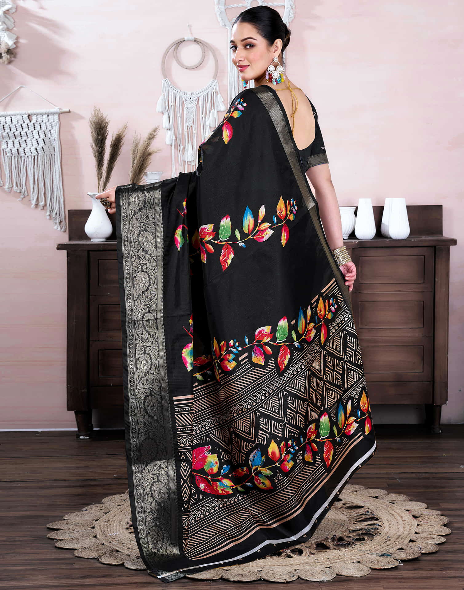 Black Dola Silk Floral Printed Saree - Image 7