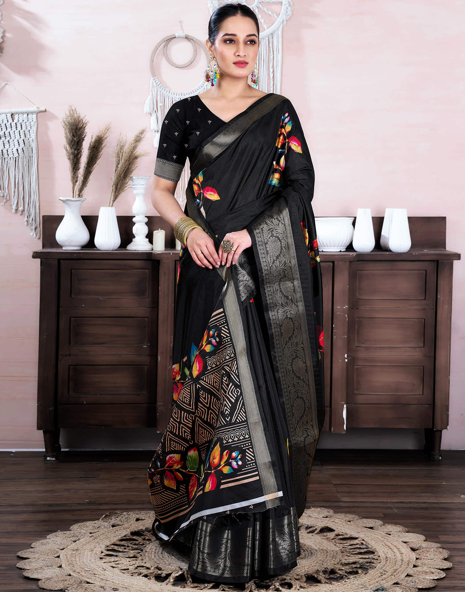 Black Dola Silk Floral Printed Saree - Image 8