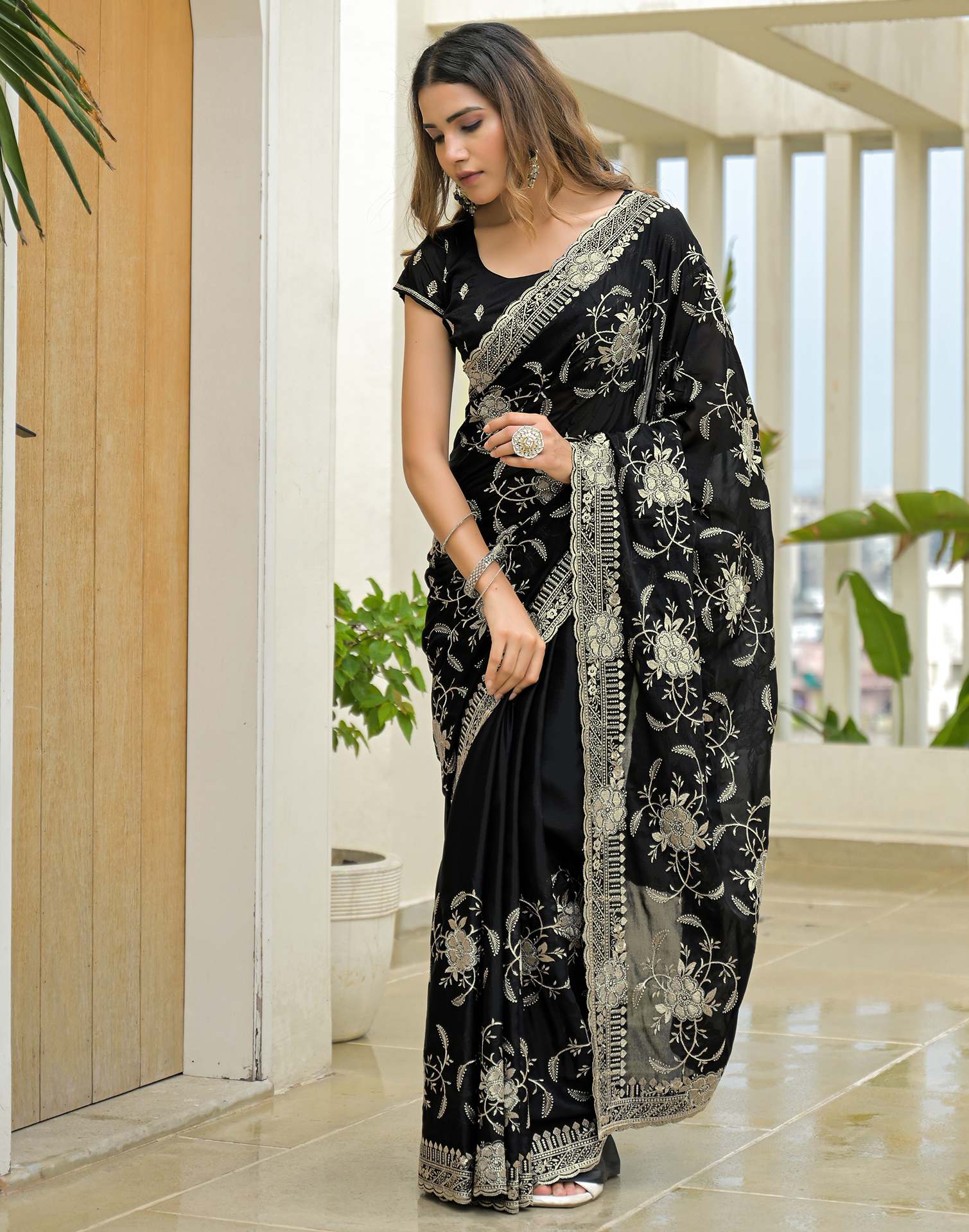 Black Georgette Embroidery Saree - Image 6