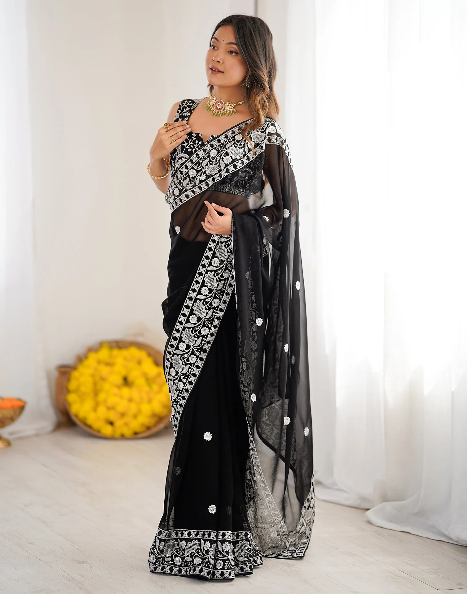 Black Georgette Embroidery Saree - Image 4