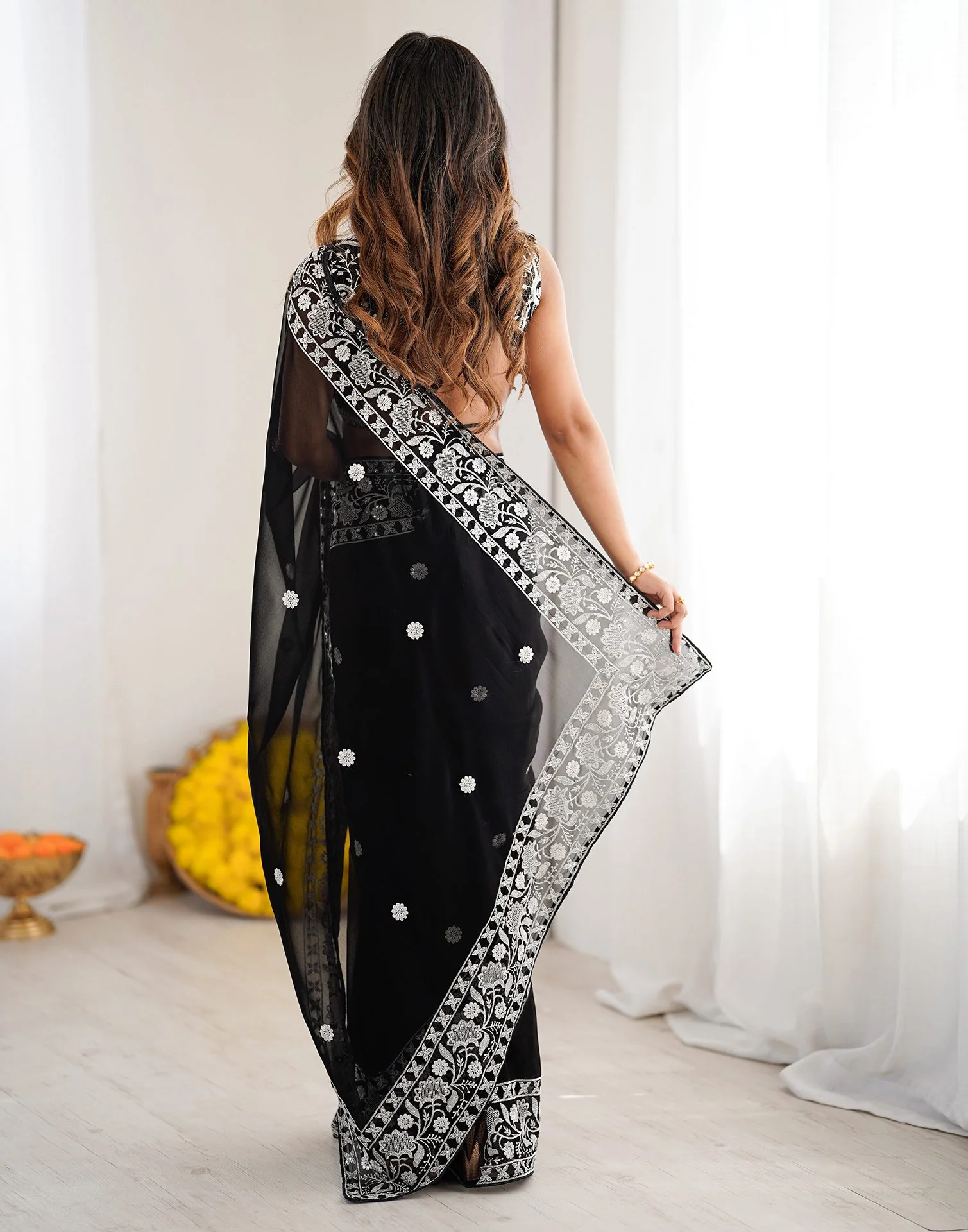Black Georgette Embroidery Saree - Image 6