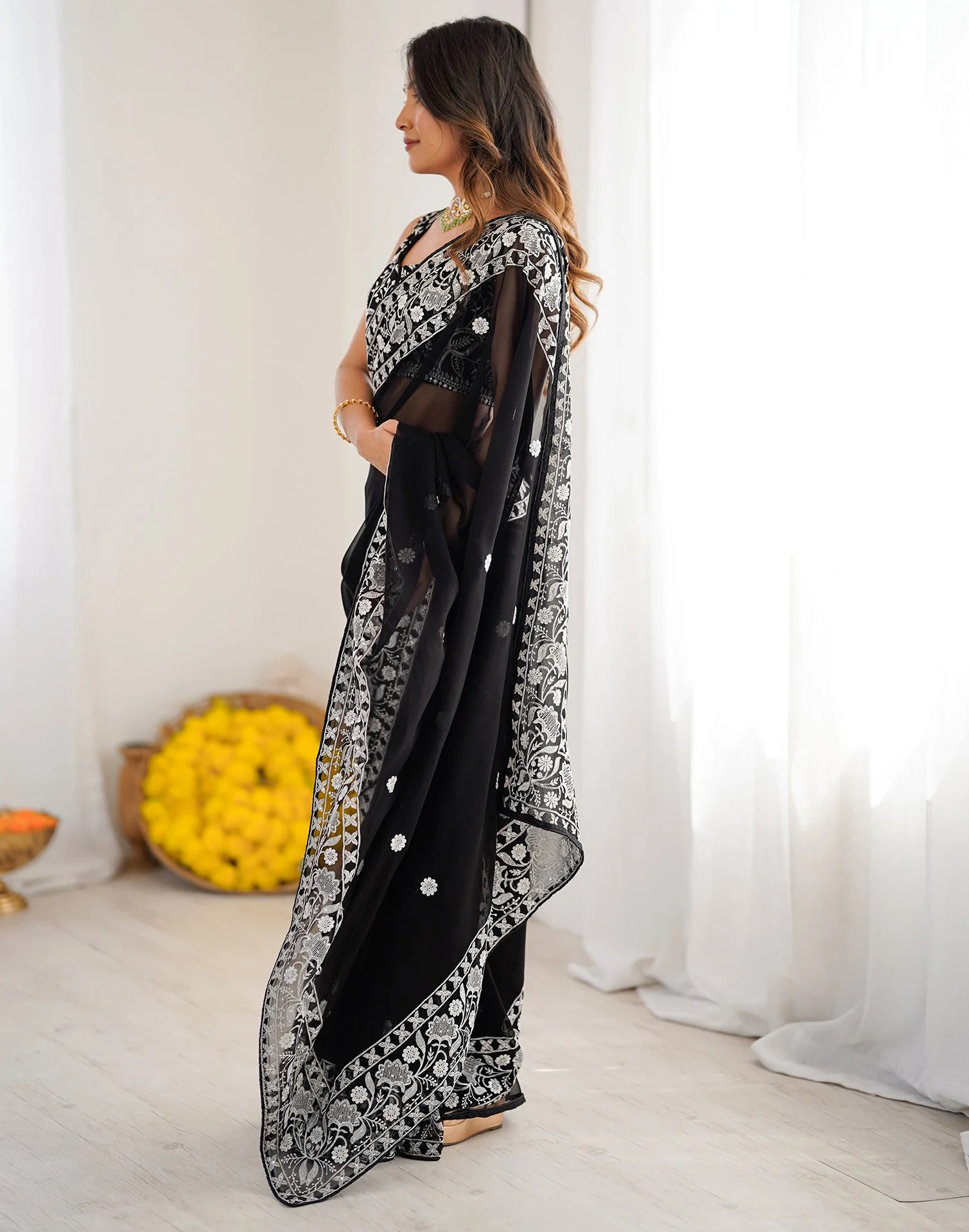 Black Georgette Embroidery Saree - Image 7