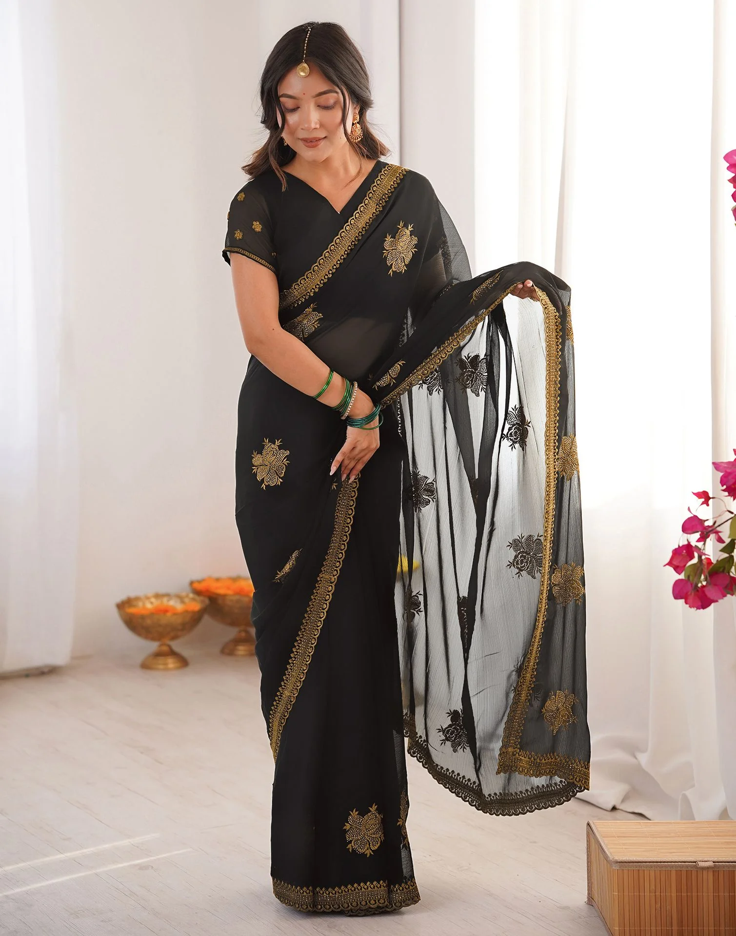 Black Georgette Embroidery Saree