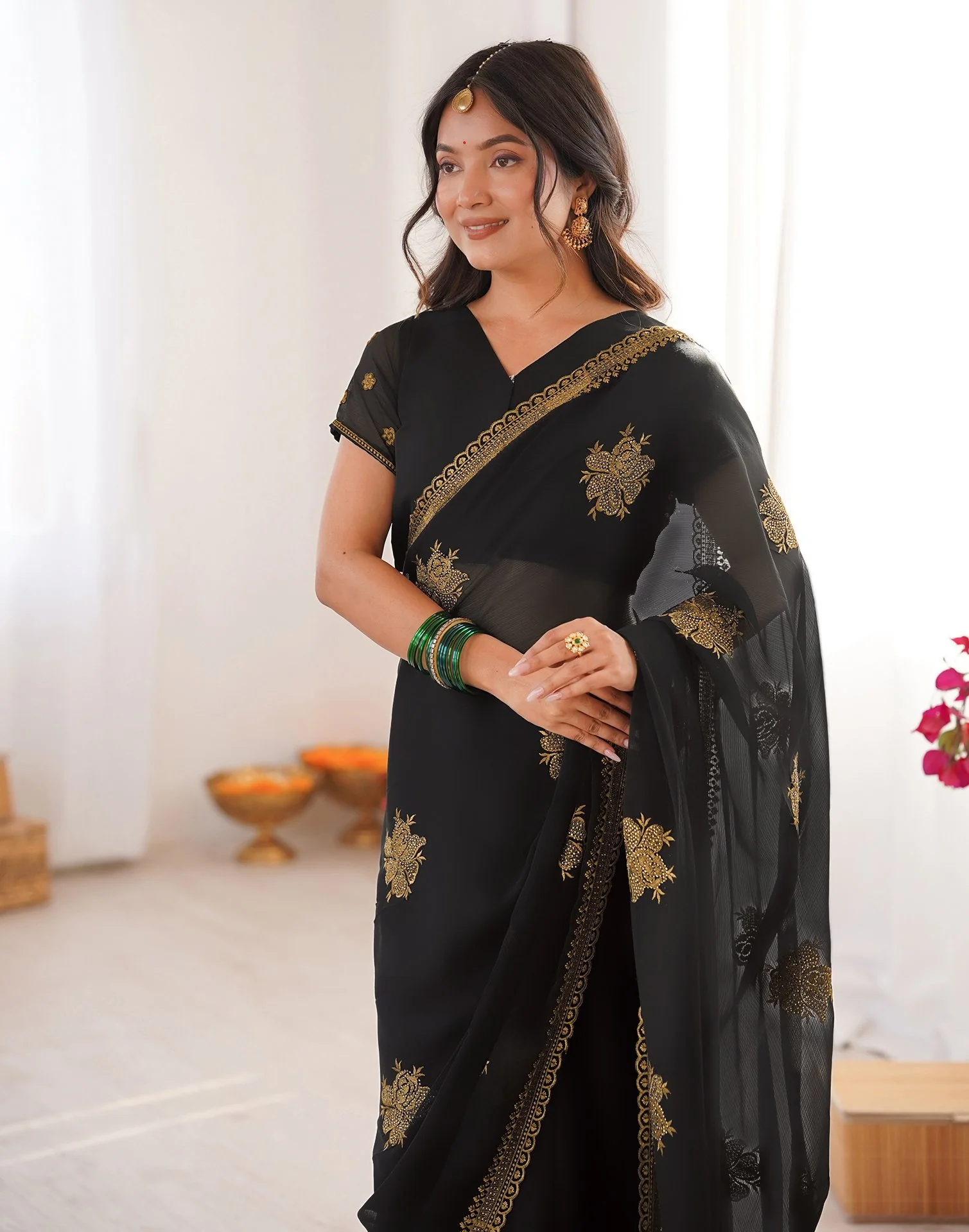 Black Georgette Embroidery Saree - Image 2