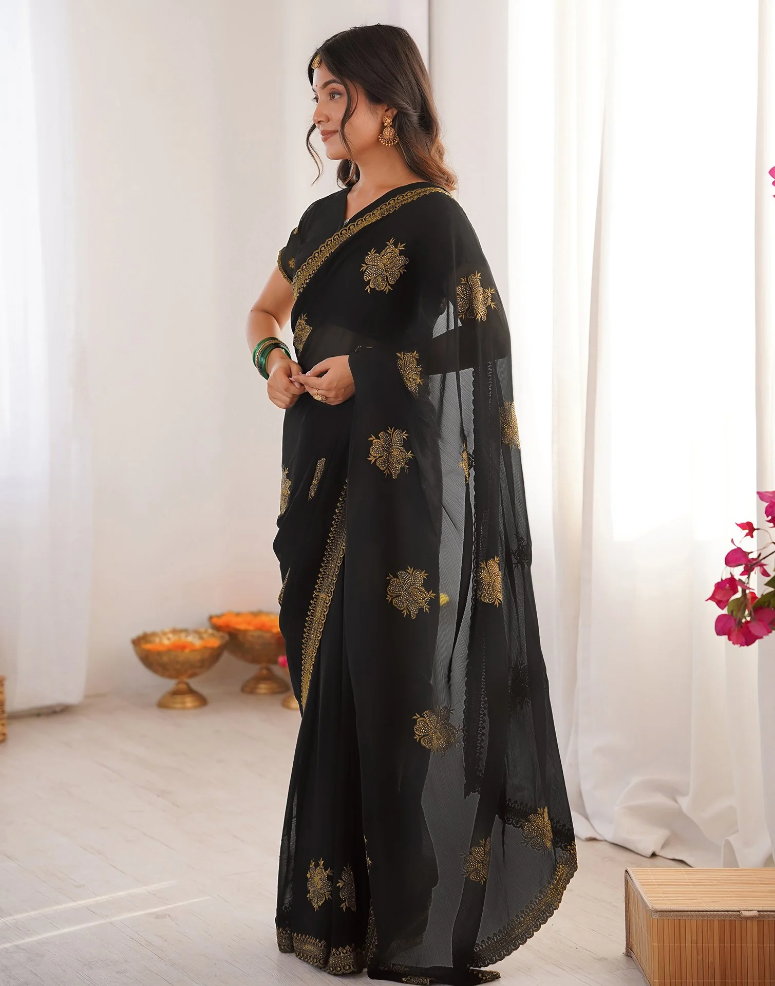 Black Georgette Embroidery Saree - Image 5