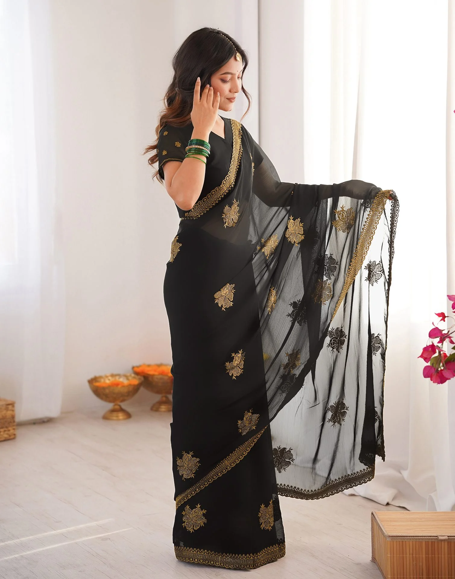 Black Georgette Embroidery Saree - Image 6