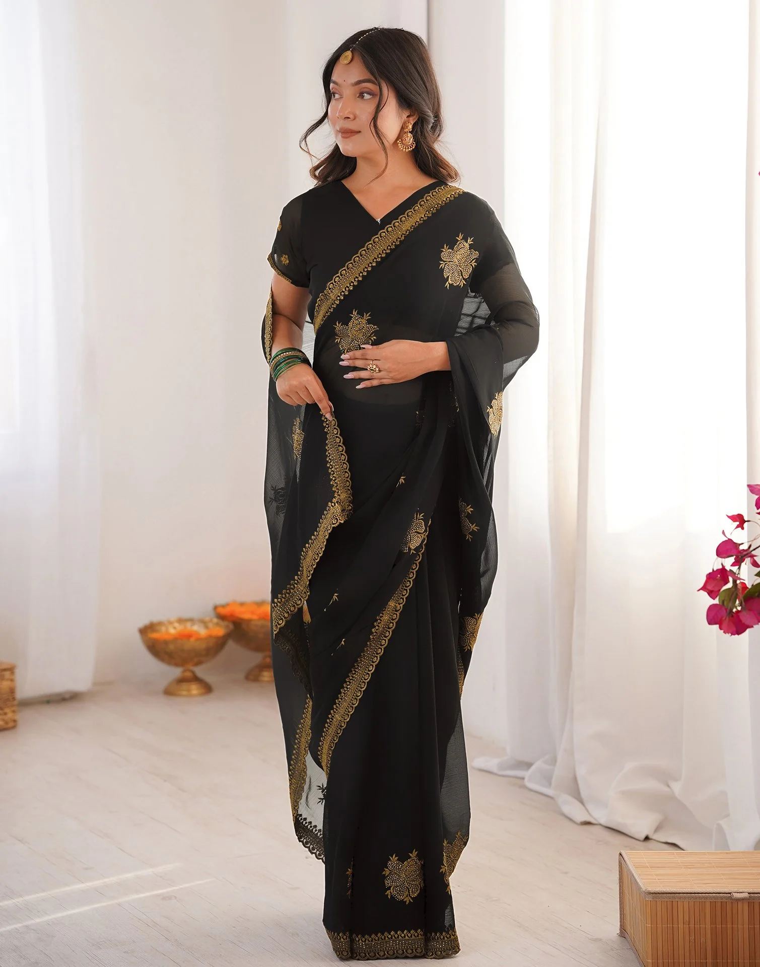 Black Georgette Embroidery Saree - Image 8