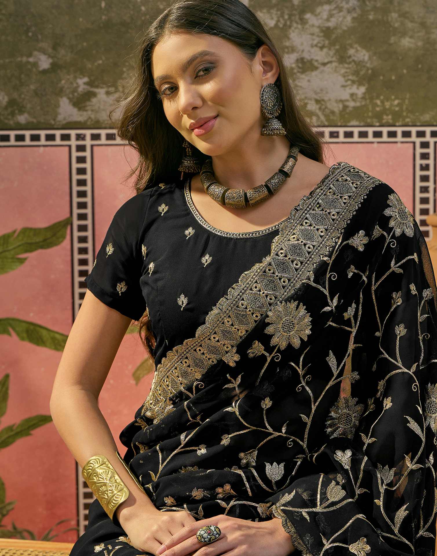 Black Georgette Embroidery Saree - Image 2