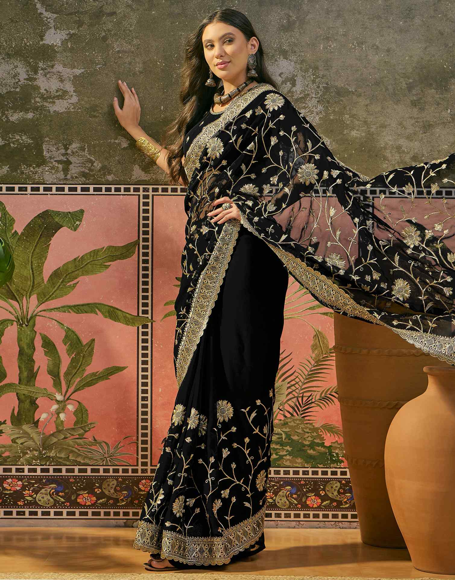 Black Georgette Embroidery Saree - Image 5