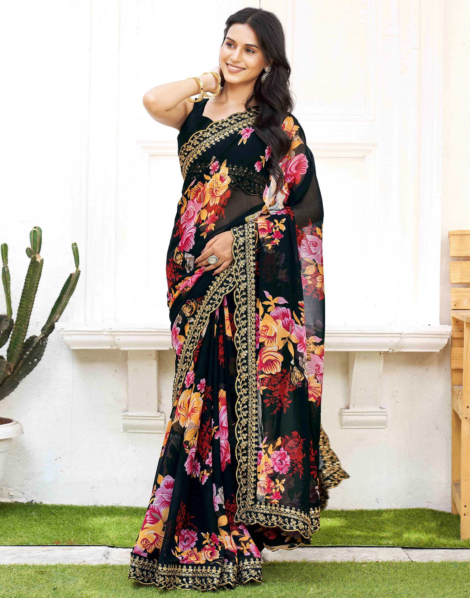 Black Georgette Floral PrintedĀ Saree