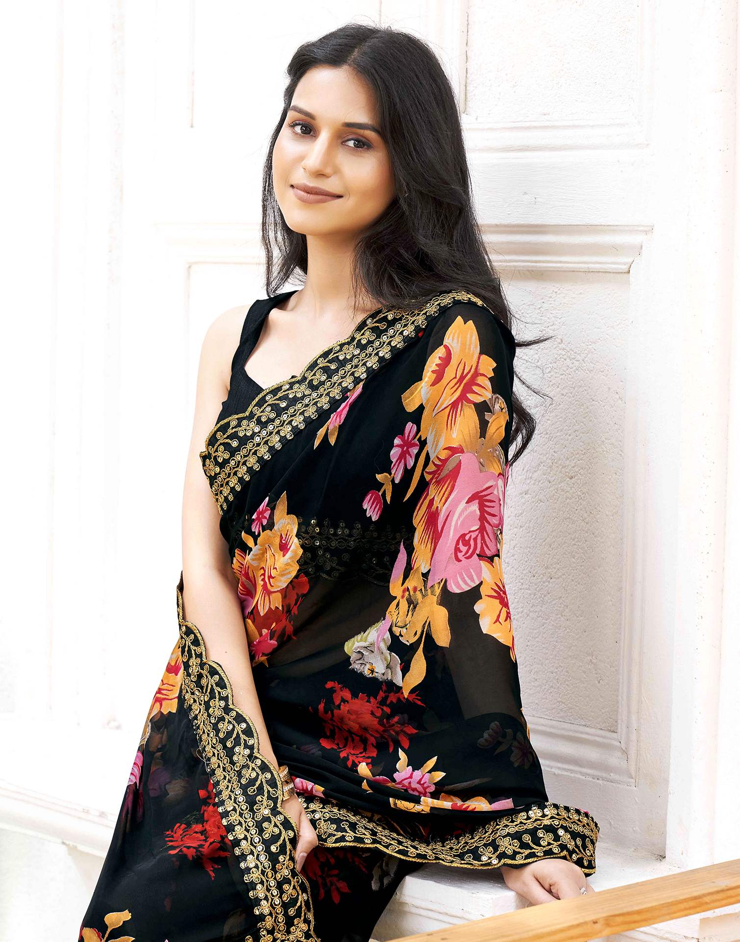 Black Georgette Floral PrintedĀ Saree - Image 2