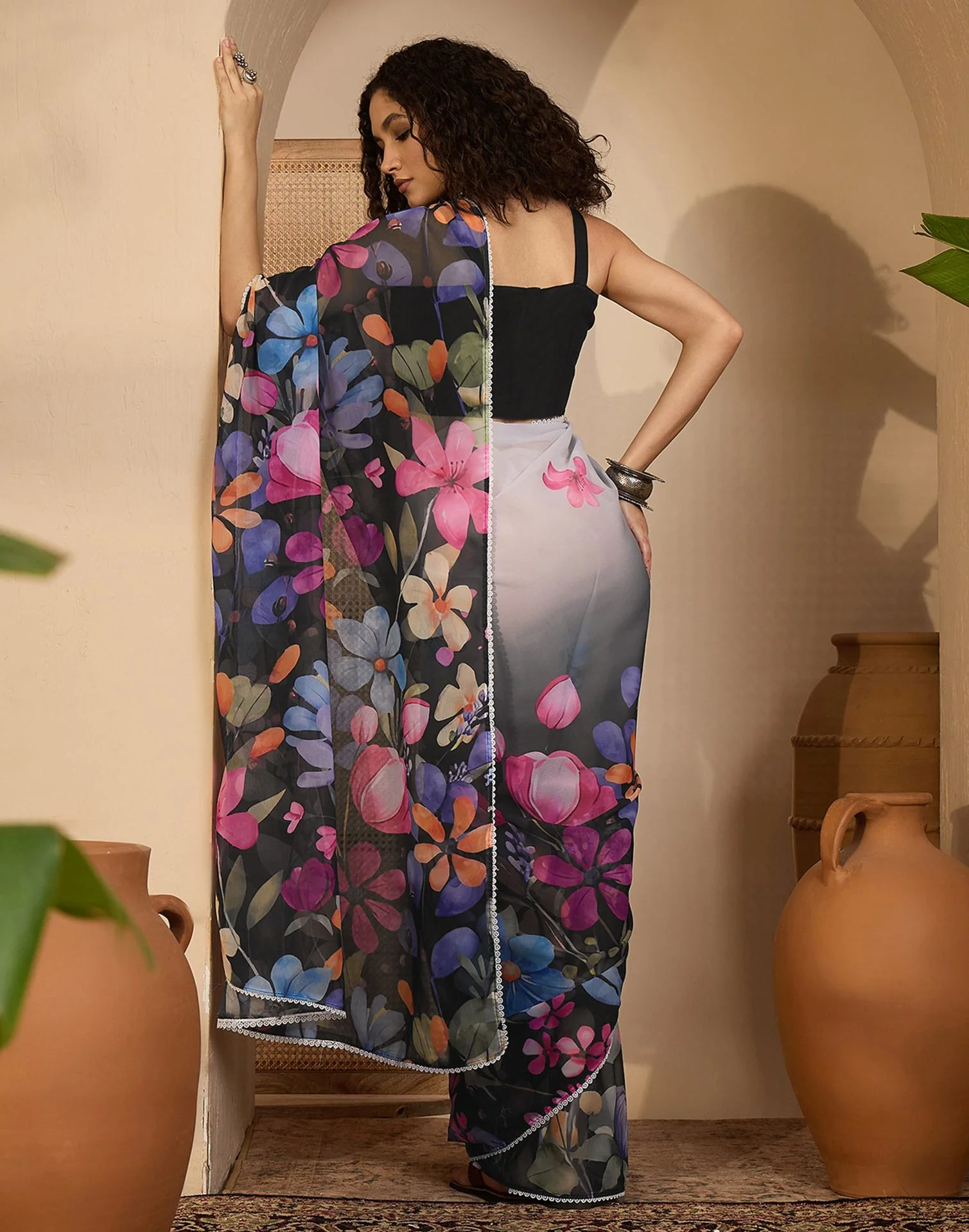 Black Georgette Floral Printed Saree - Image 6