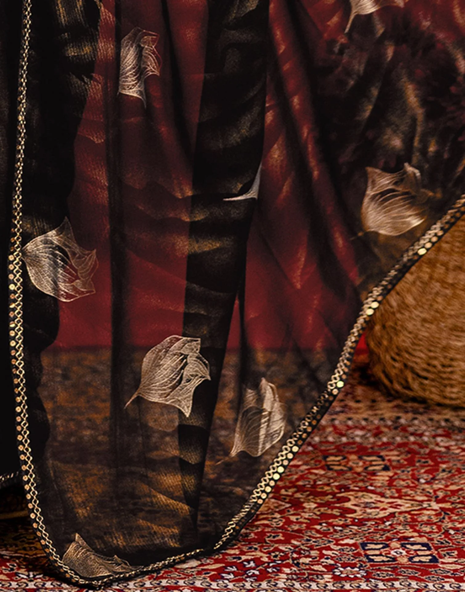 Black Georgette Foil Printed Lace Saree - Image 12