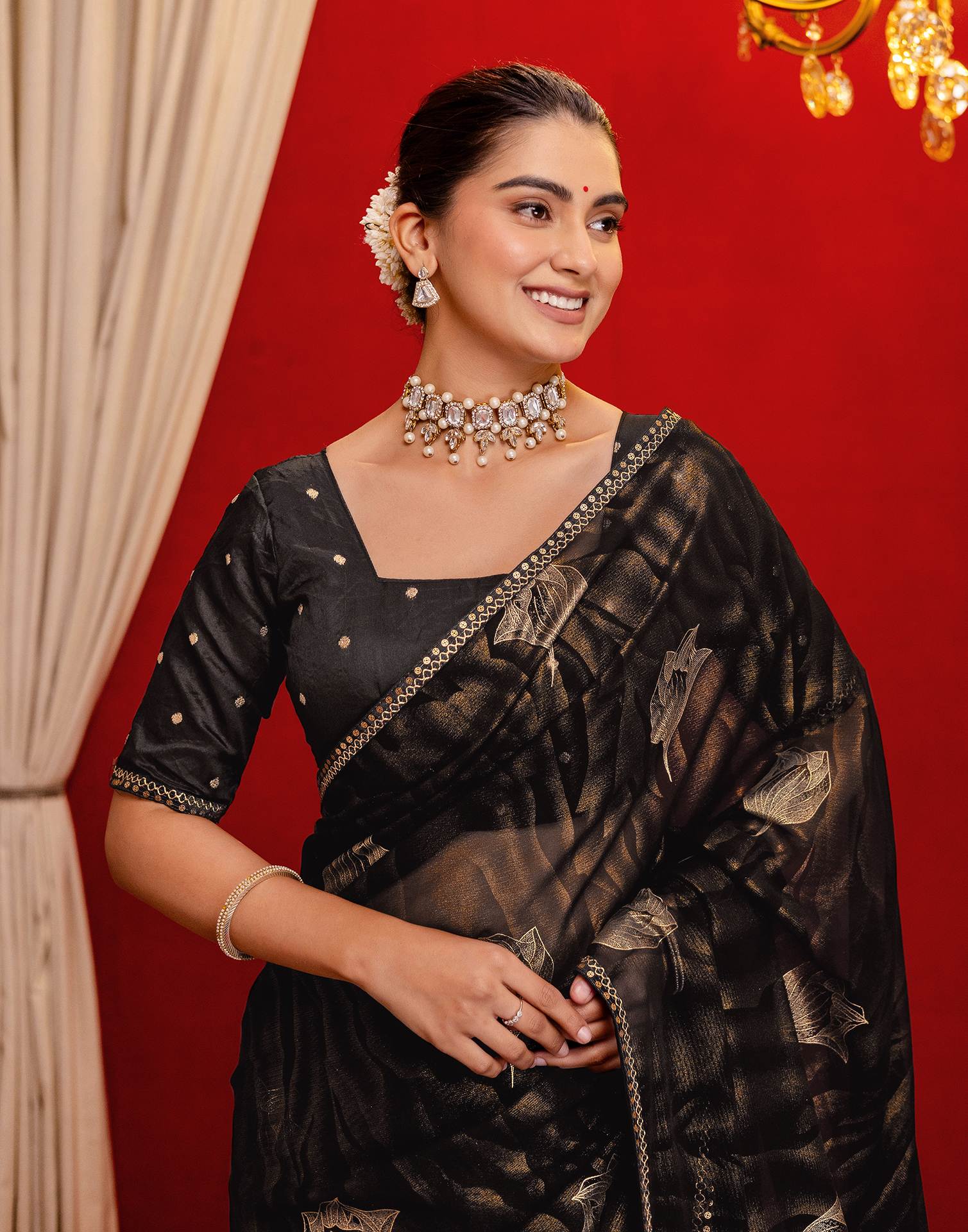 Black Georgette Foil Printed Lace Saree - Image 2